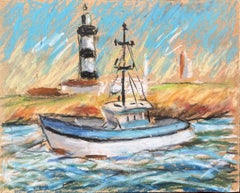 Scena costiera francese con barca da pesca e faro in pastello