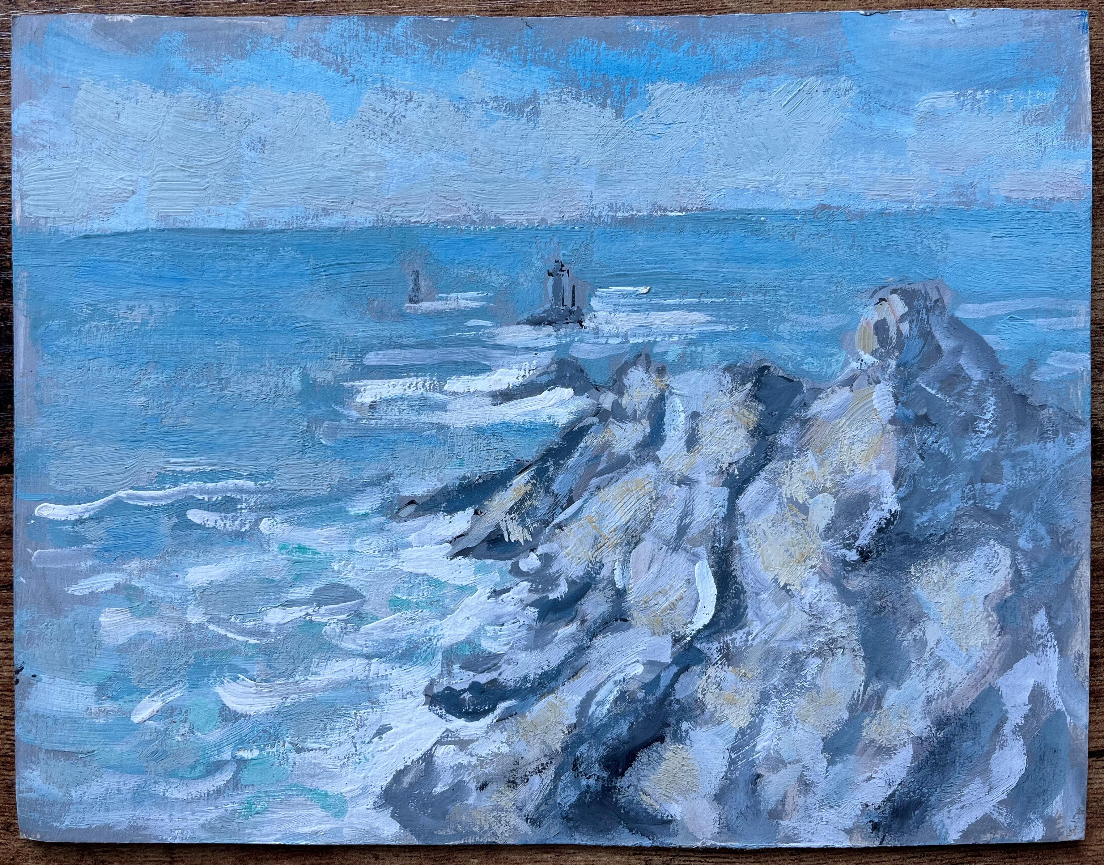 Paisaje marino costero francés con faros y olas rompiendo - Painting de Fanch Lel