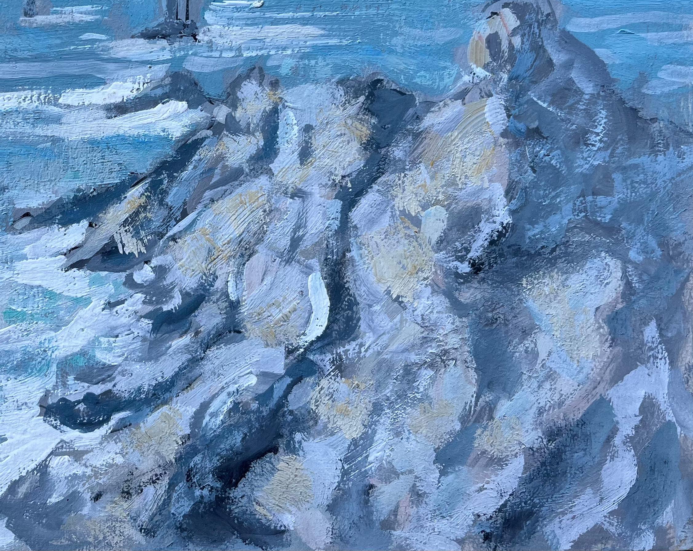 Paisaje marino costero francés con faros y olas rompiendo - Painting Impresionista de Fanch Lel