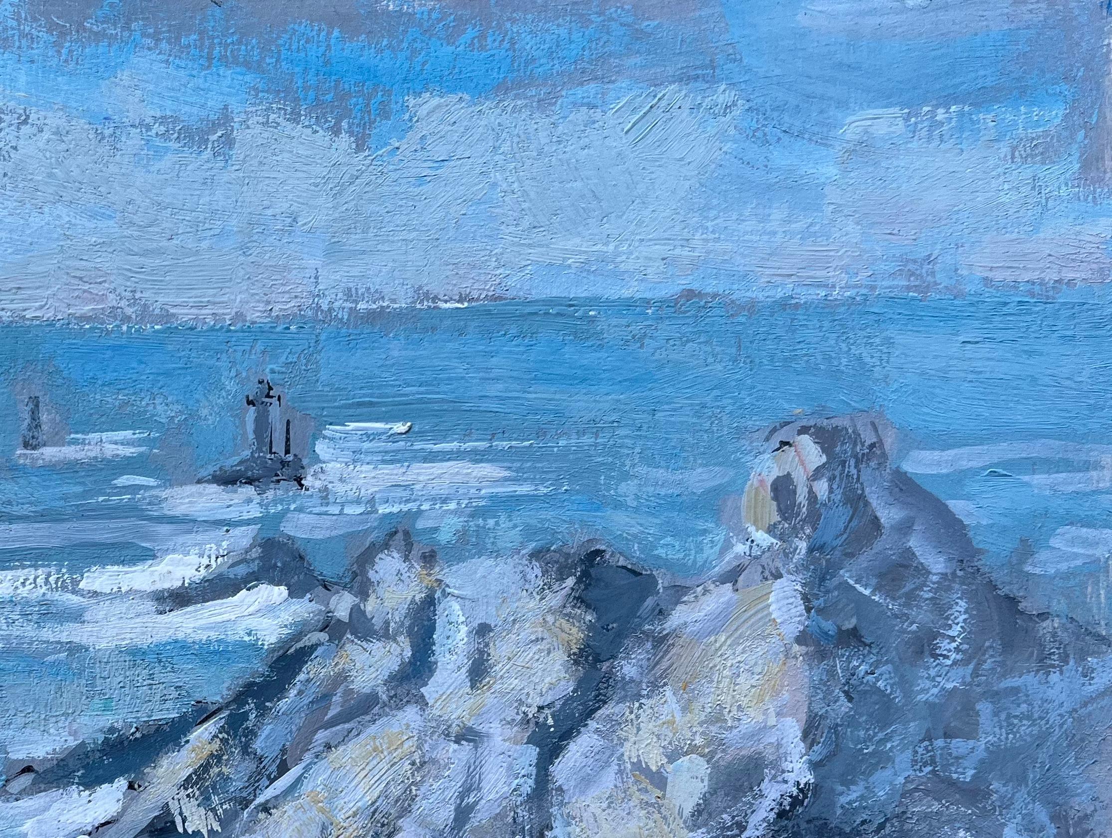 Paisaje marino costero francés con faros y olas rompiendo - Landscape Painting Azul de Fanch Lel