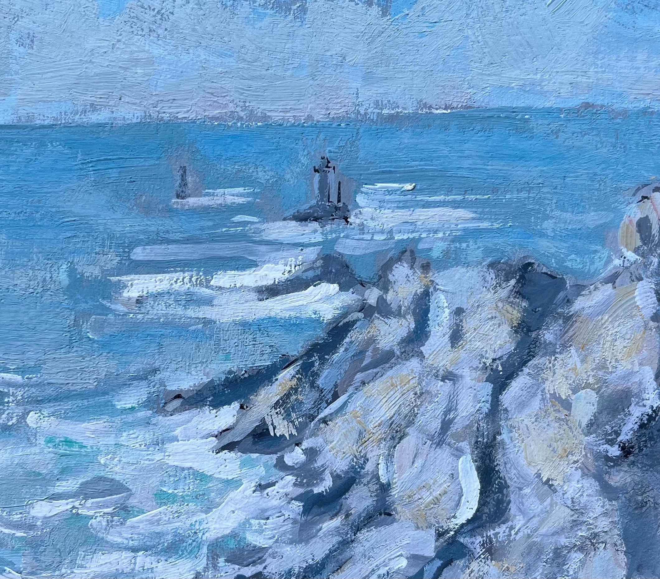 Paisaje marino costero francés con faros y olas rompiendo en venta 2