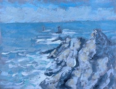 French Coastal Seascape with Lighthouse Markers and Crashing Waves