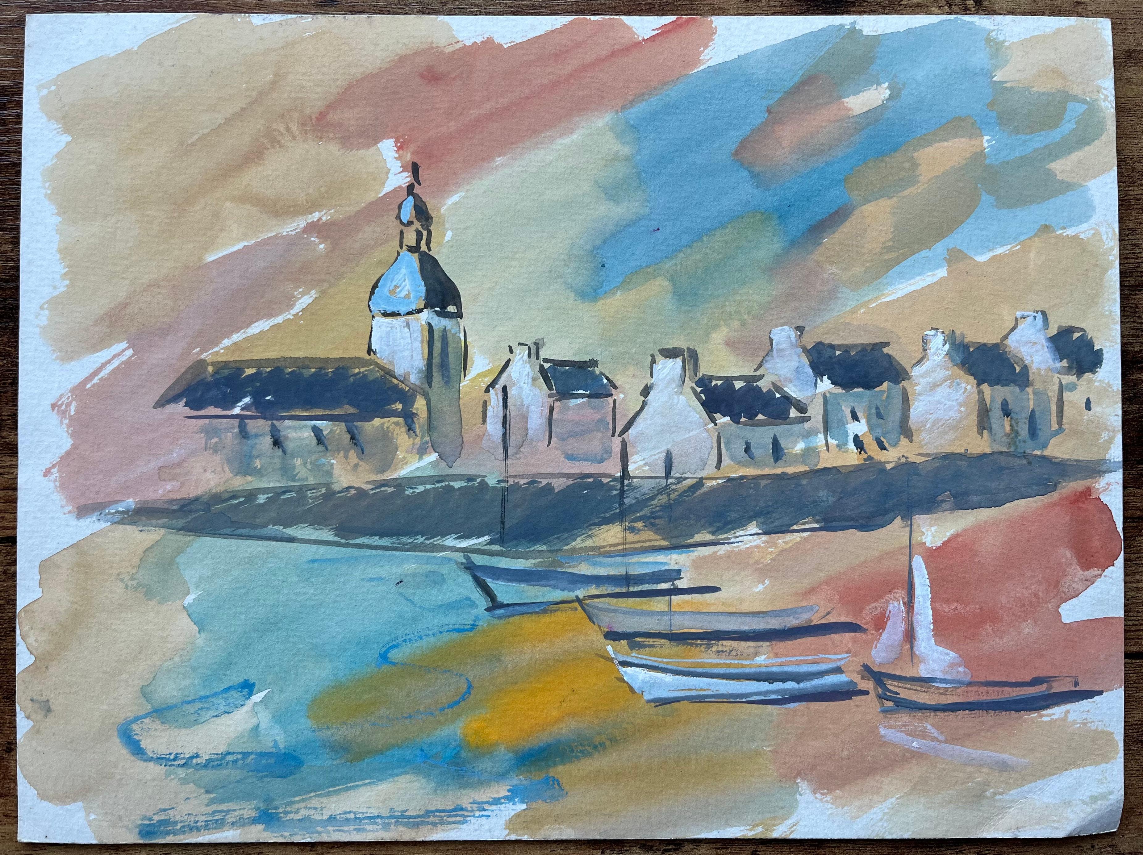 French Coastal Village and Boats Gouache Painting with Sunset Sky - Gray Landscape Painting by Fanch Lel
