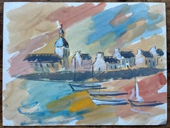 French Coastal Village and Boats Gouache Painting with Sunset Sky