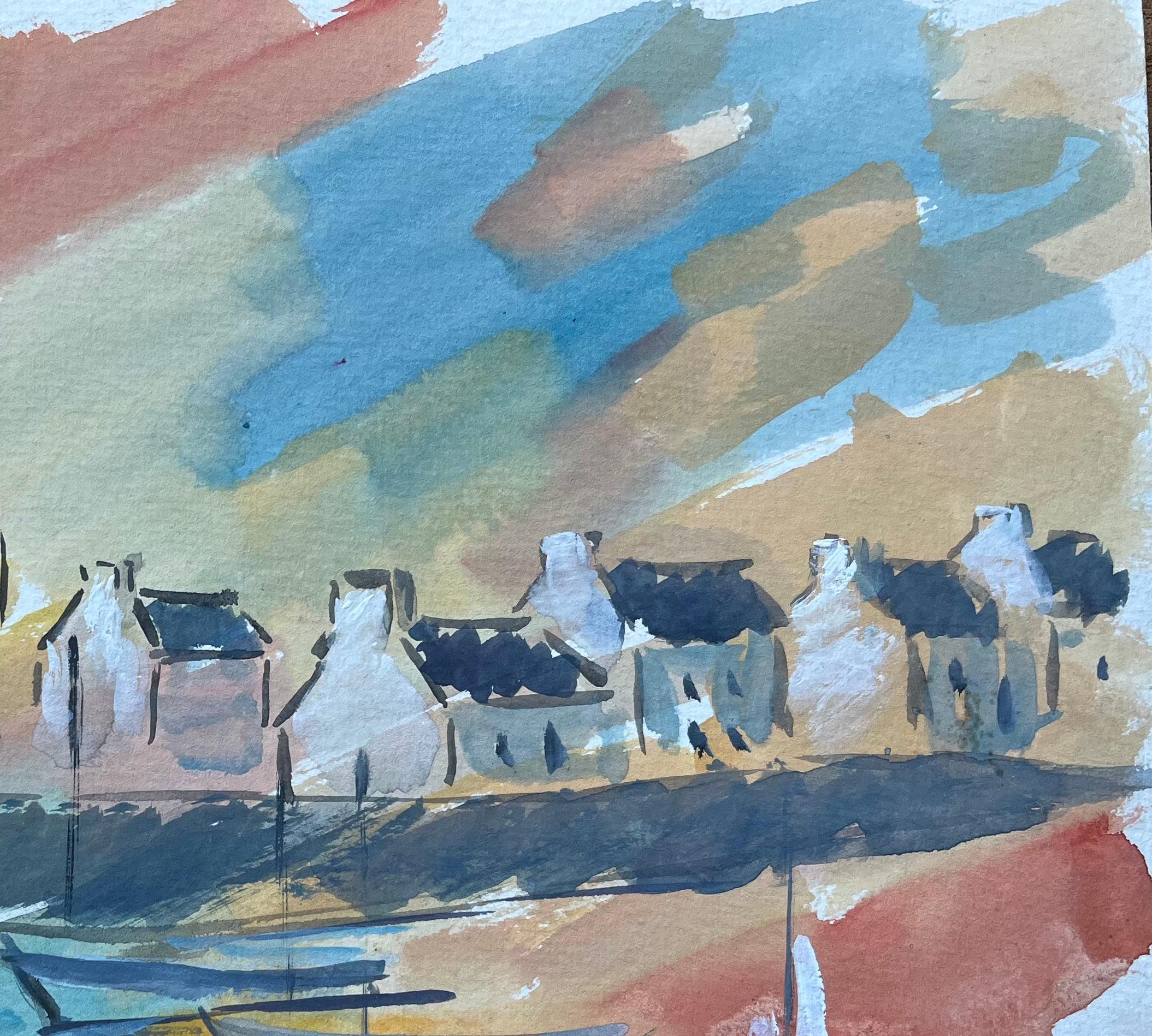French Coastal Village and Boats Gouache Painting with Sunset Sky For Sale 1