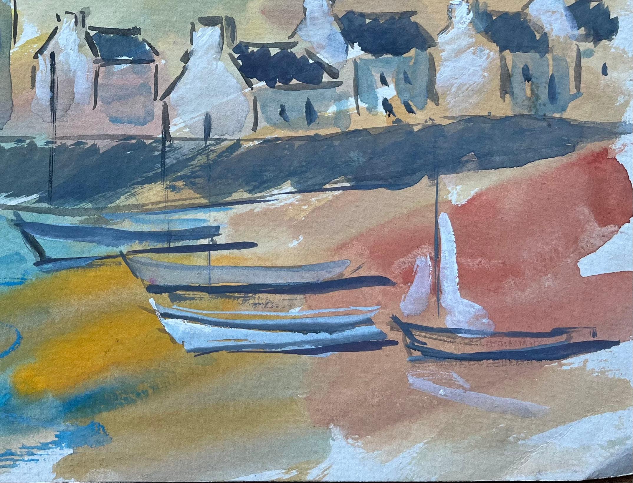 French Coastal Village and Boats Gouache Painting with Sunset Sky For Sale 2