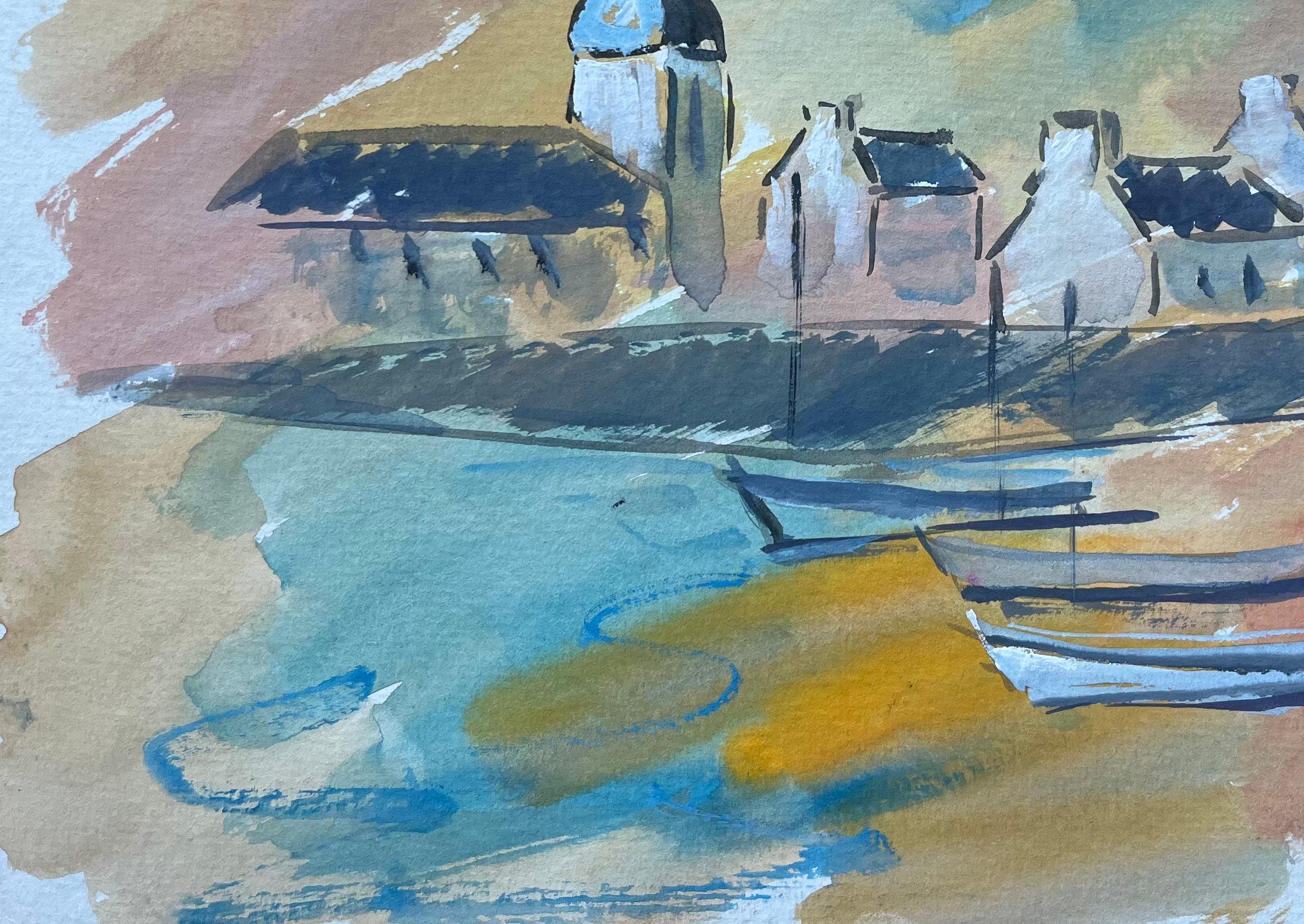 French Coastal Village and Boats Gouache Painting with Sunset Sky For Sale 3