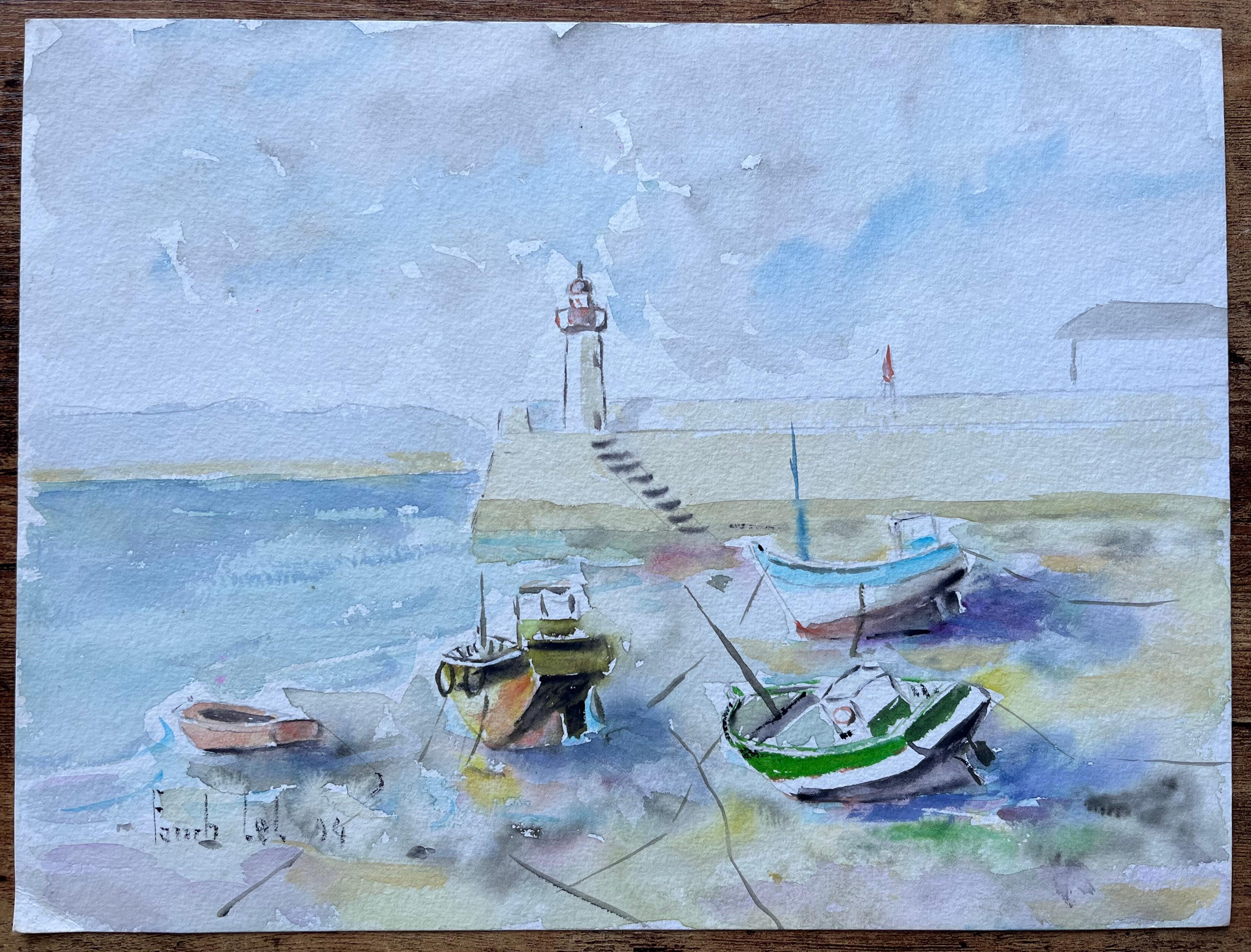 French Coastal Village and Boats Gouache Painting with Sunset Sky For Sale 4