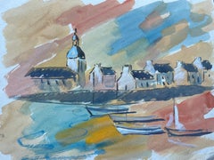 Pittura a guazzo di villaggio costiero francese e barche con cielo al tramonto
