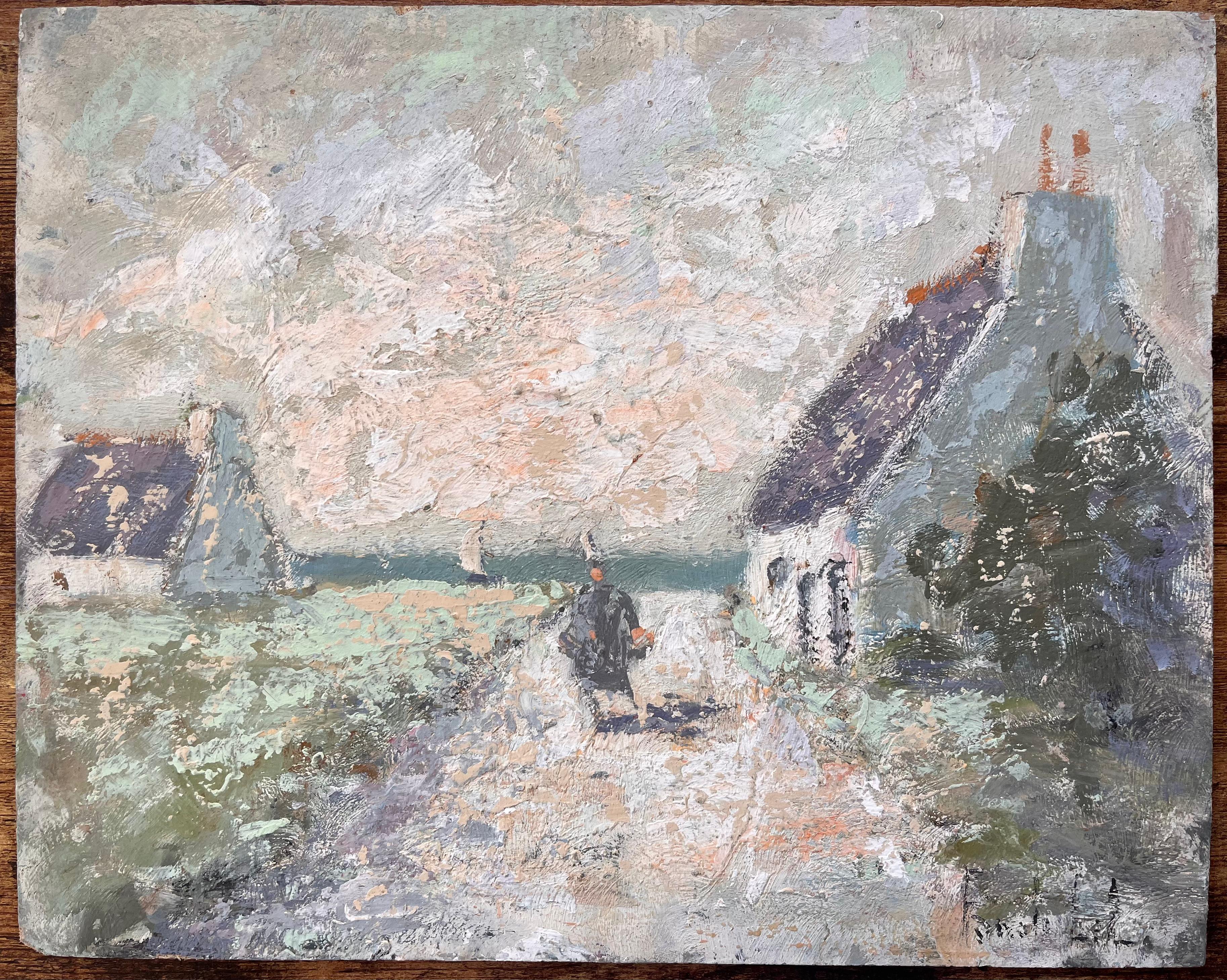 Französisches Küstendorf, Ölgemälde von getäfelten Häusern und einer Figur beim Gehen, Ölgemälde – Painting von Fanch Lel