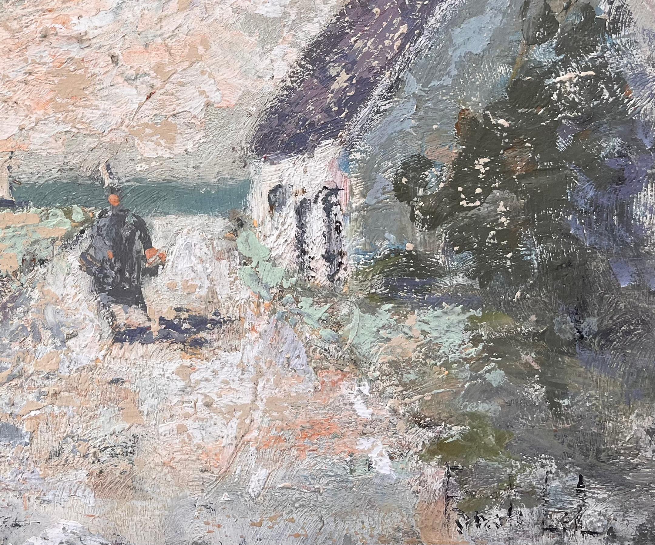Französisches Küstendorf, Ölgemälde von getäfelten Häusern und einer Figur beim Gehen, Ölgemälde (Impressionismus), Painting, von Fanch Lel