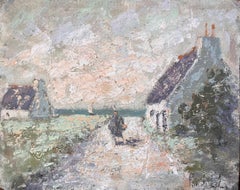 French Coastal Village Oil Painting of Thatched Cottages and Figure Walking