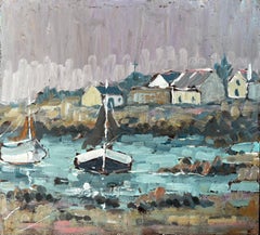 French Coastal Village with Boats and Lavender Sky by Fanch Lel