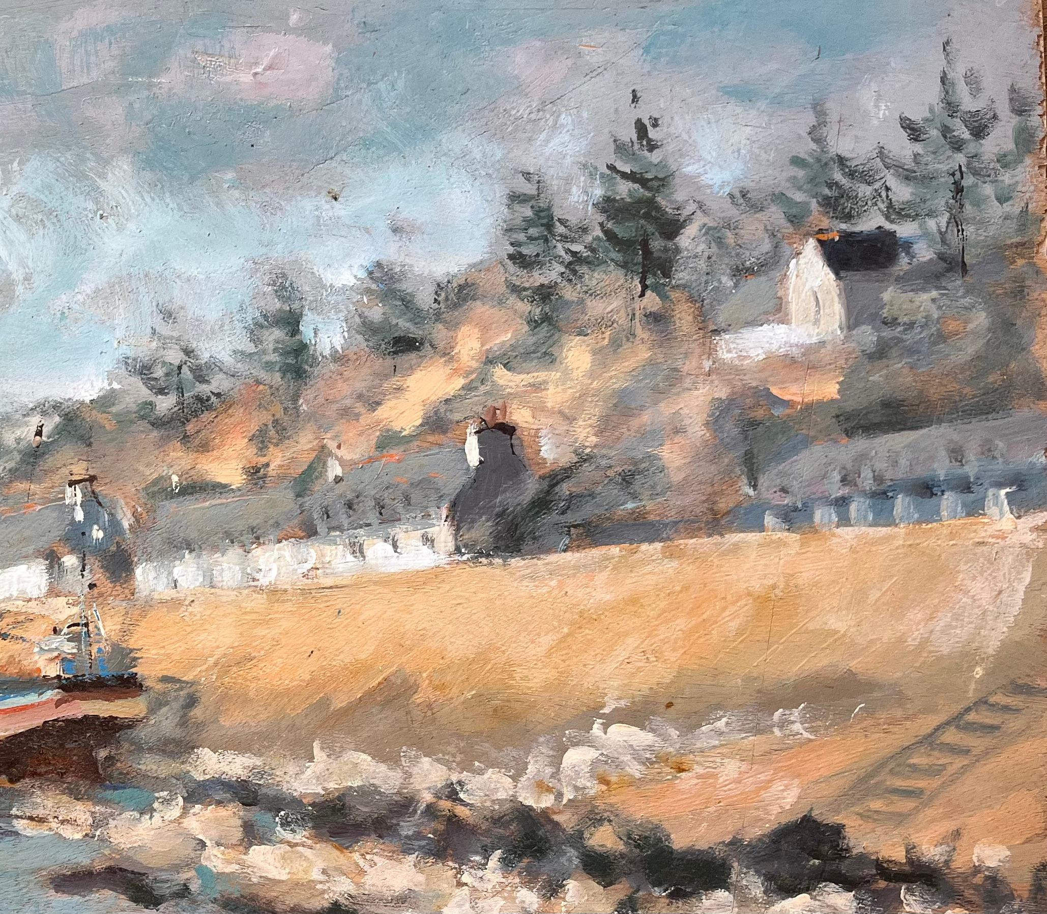 Französisches Küstendorf mit Moored-Fischbooten und felsigen Shoreline – Painting von Fanch Lel