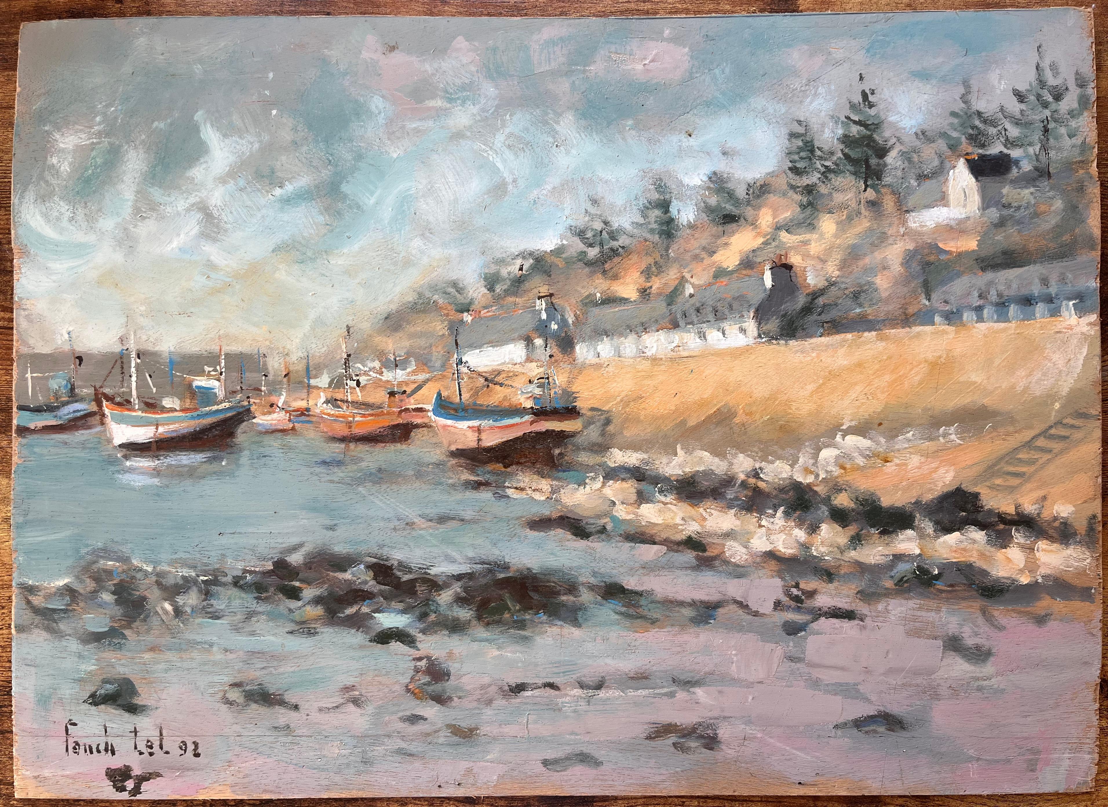 Französisches Küstendorf mit Moored-Fischbooten und felsigen Shoreline (Impressionismus), Painting, von Fanch Lel