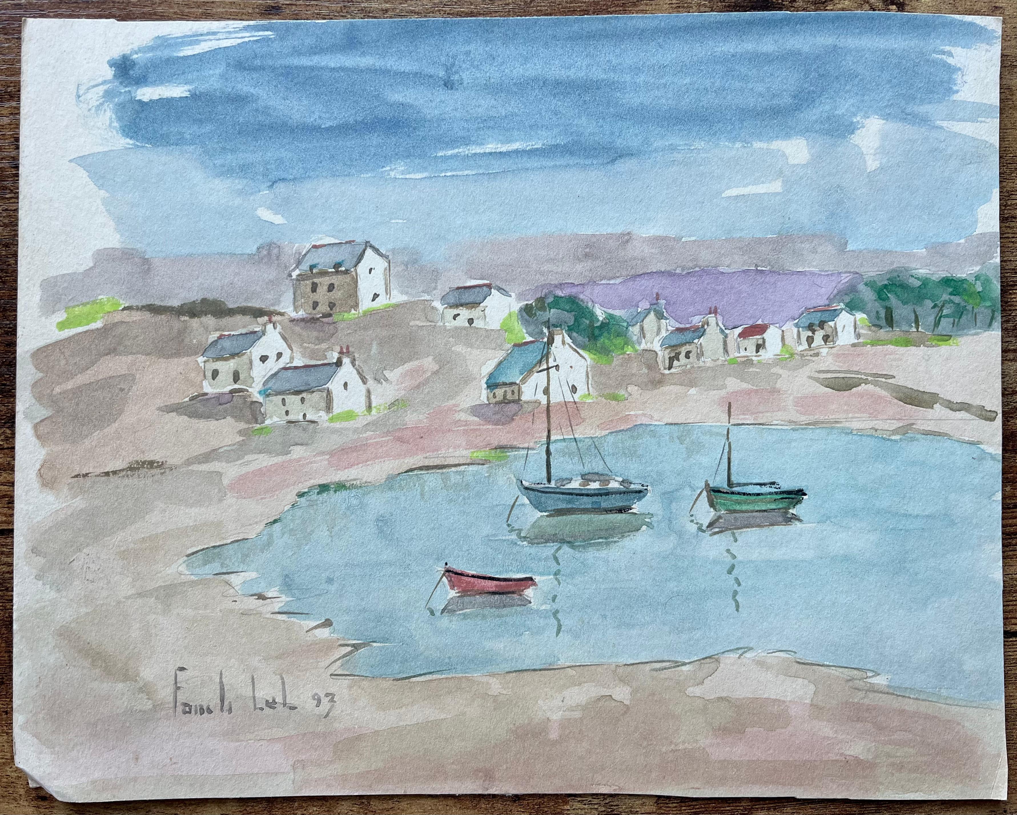 Acquerello costiero francese di barche nel porto di un villaggio - Painting di Fanch Lel
