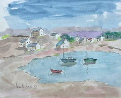 Französisches Coastal-Aquarell von Booten in einem Dorf Hafen