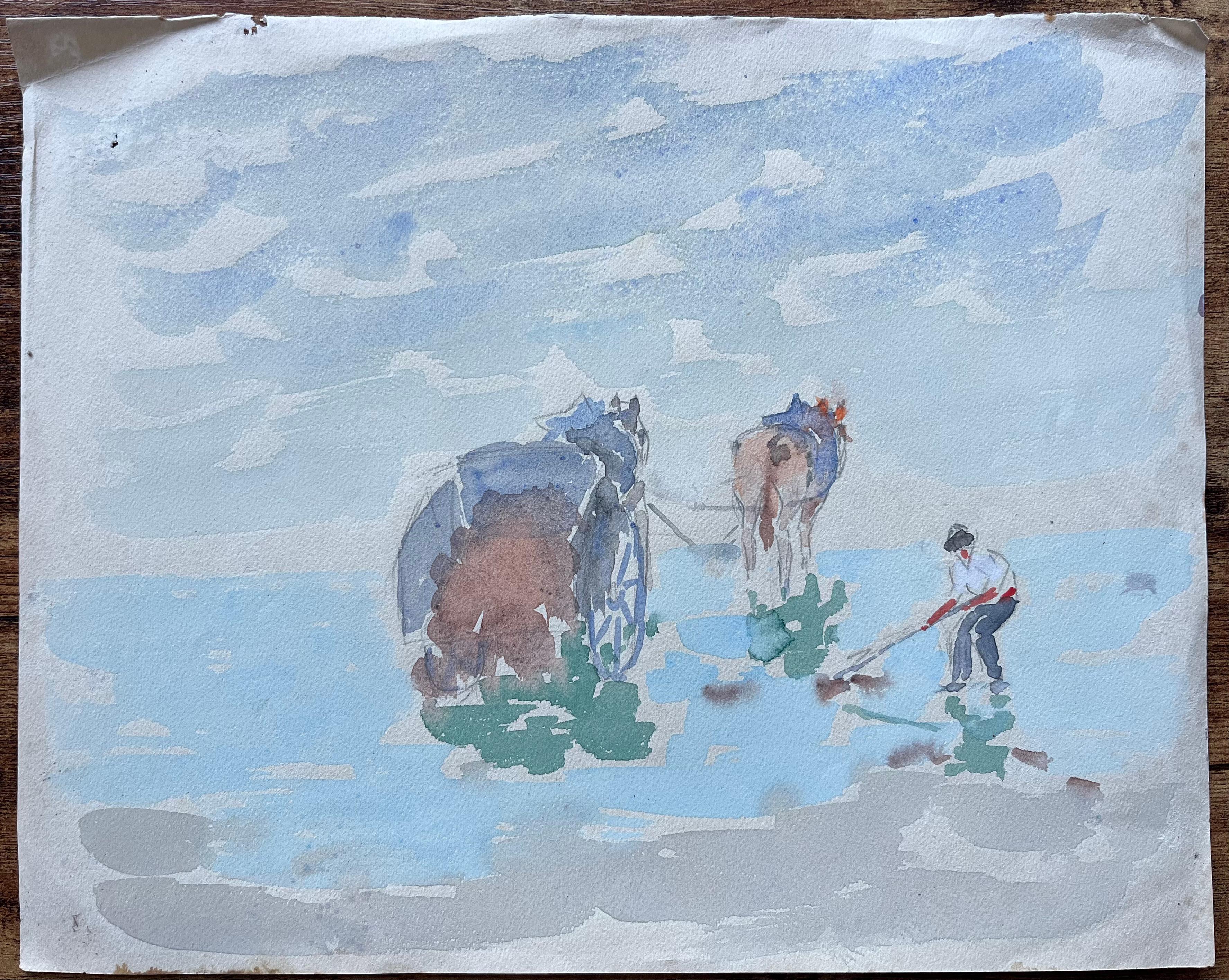 Acquerello costiero francese con cavallo e carretto Scena di raccolta di ostriche - Painting di Fanch Lel