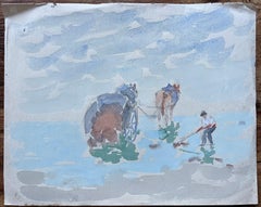 French Coastal Watercolour of Horse and Cart Oyster Gathering Scene