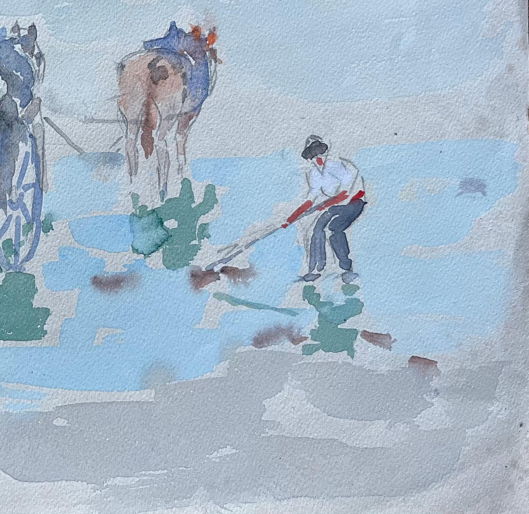 Acquerello costiero francese con cavallo e carretto Scena di raccolta di ostriche - Painting Impressionismo di Fanch Lel