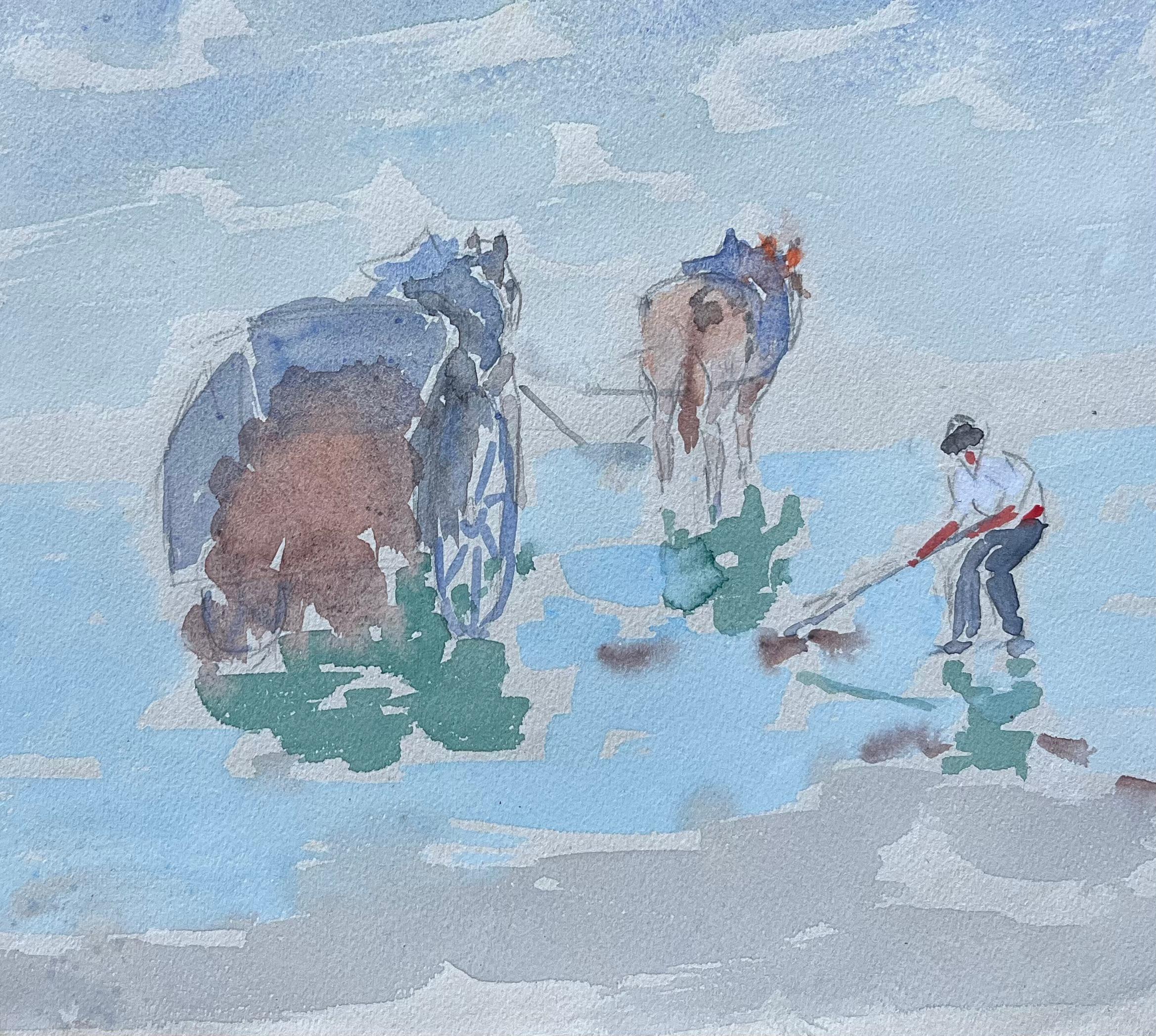 Acquerello costiero francese con cavallo e carretto Scena di raccolta di ostriche - Landscape Painting Blu di Fanch Lel
