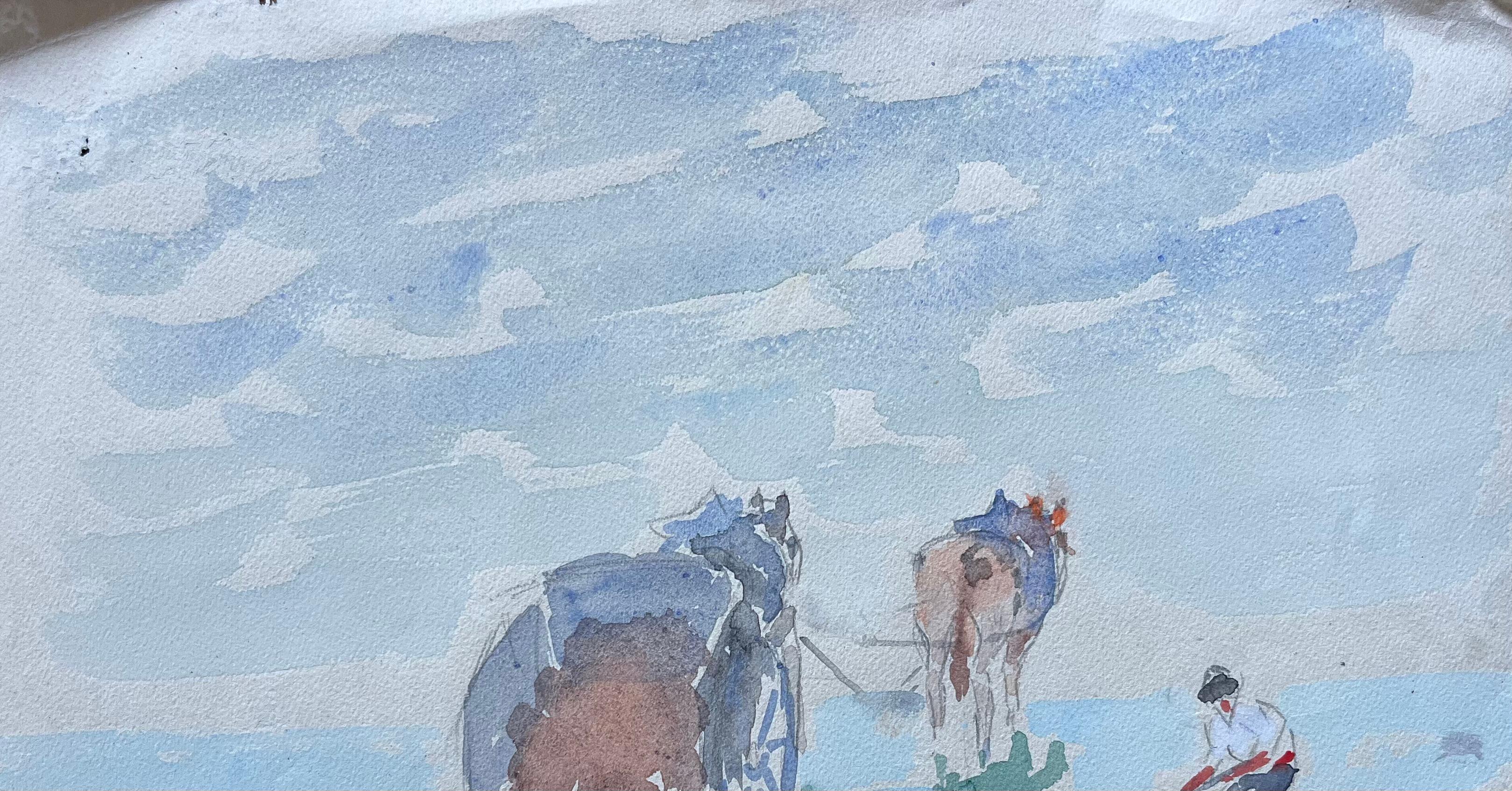 Acquerello costiero francese con cavallo e carretto Scena di raccolta di ostriche in vendita 1
