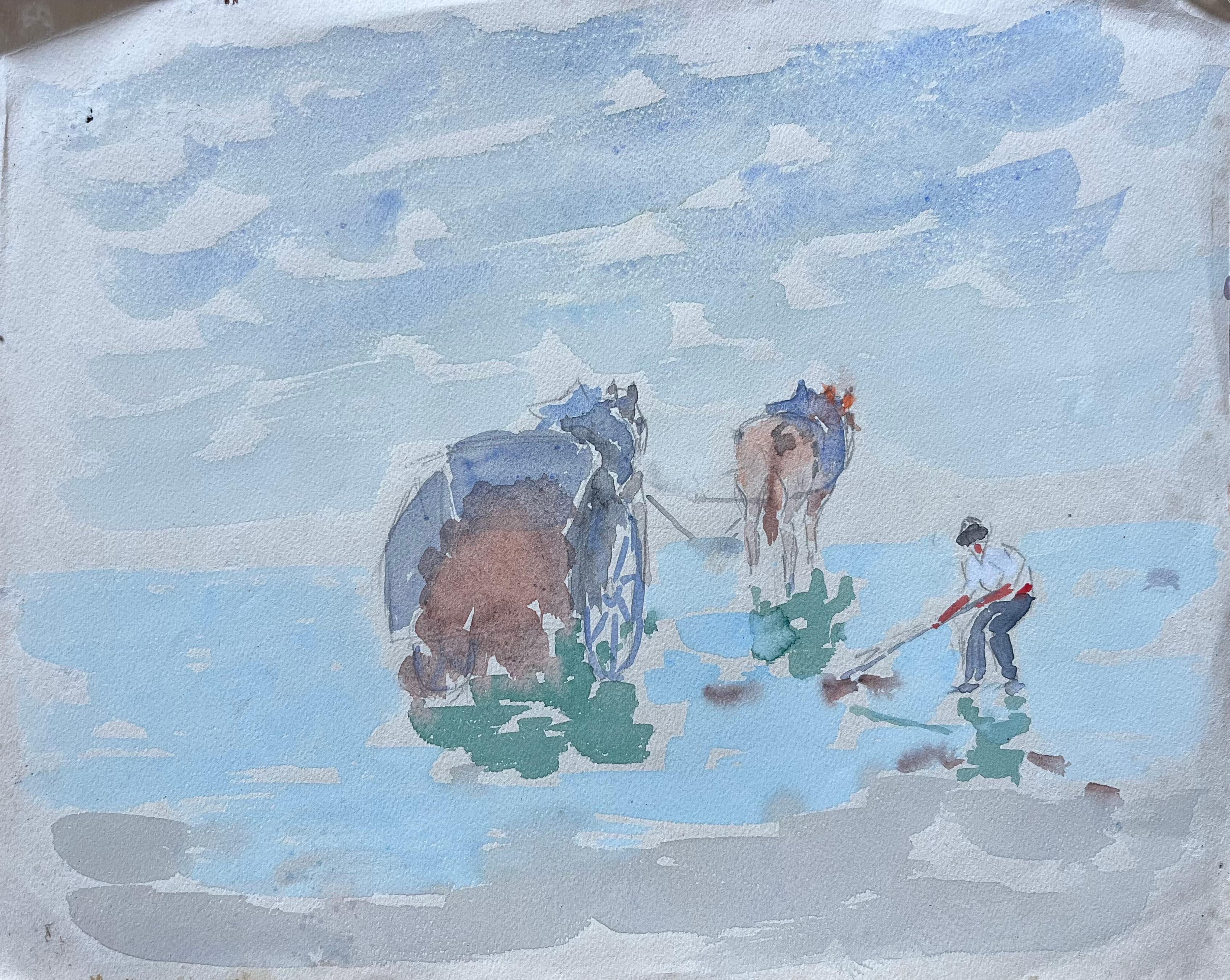 Landscape Painting di Fanch Lel - Acquerello costiero francese con cavallo e carretto Scena di raccolta di ostriche