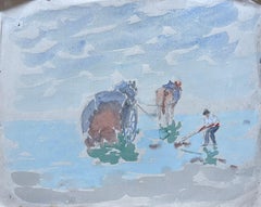 French Coastal Watercolour of Horse and Cart Oyster Gathering Scene