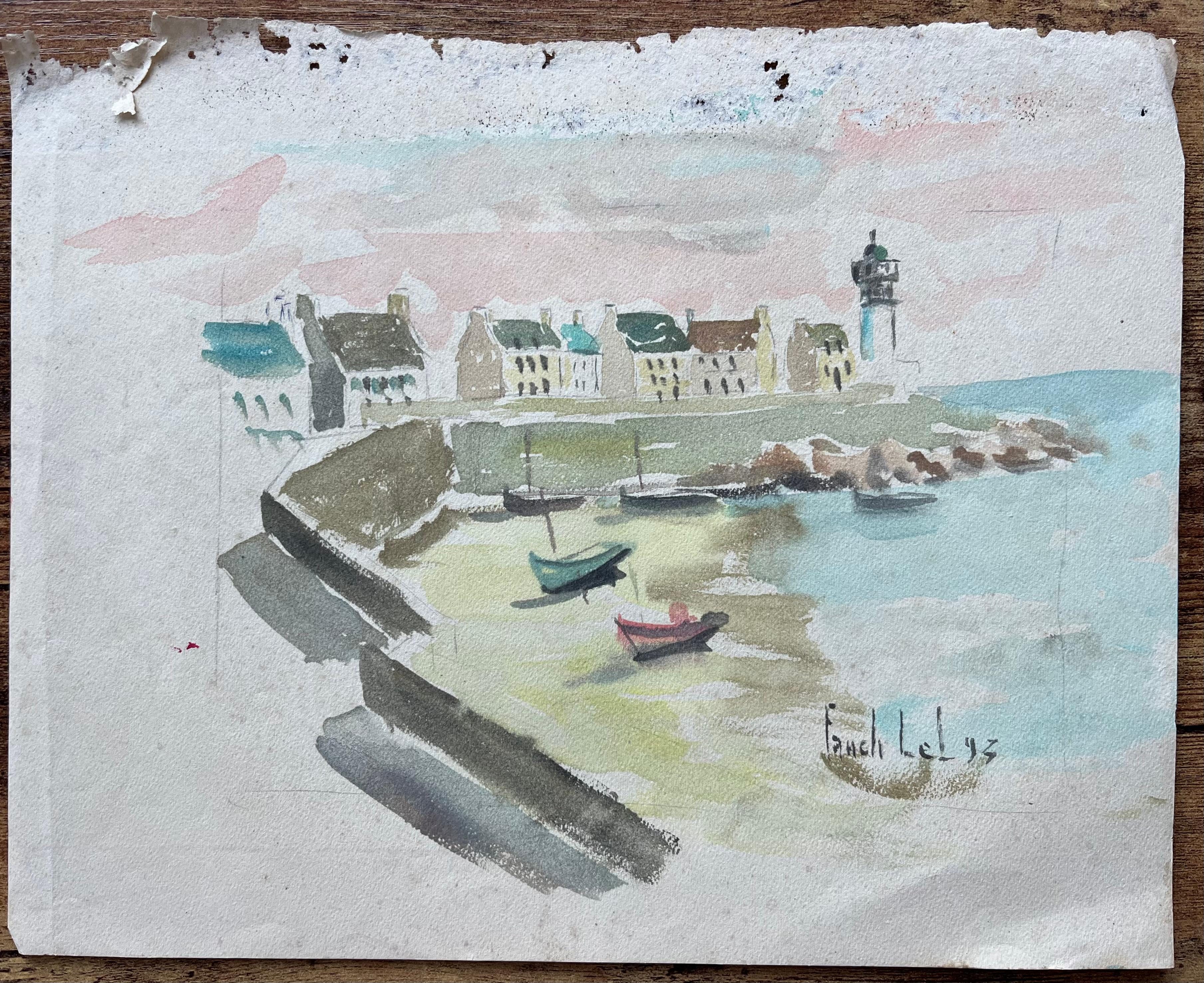 Acquerello costiero francese con faro e barche da pesca e cielo con sfumature rosa - Painting di Fanch Lel