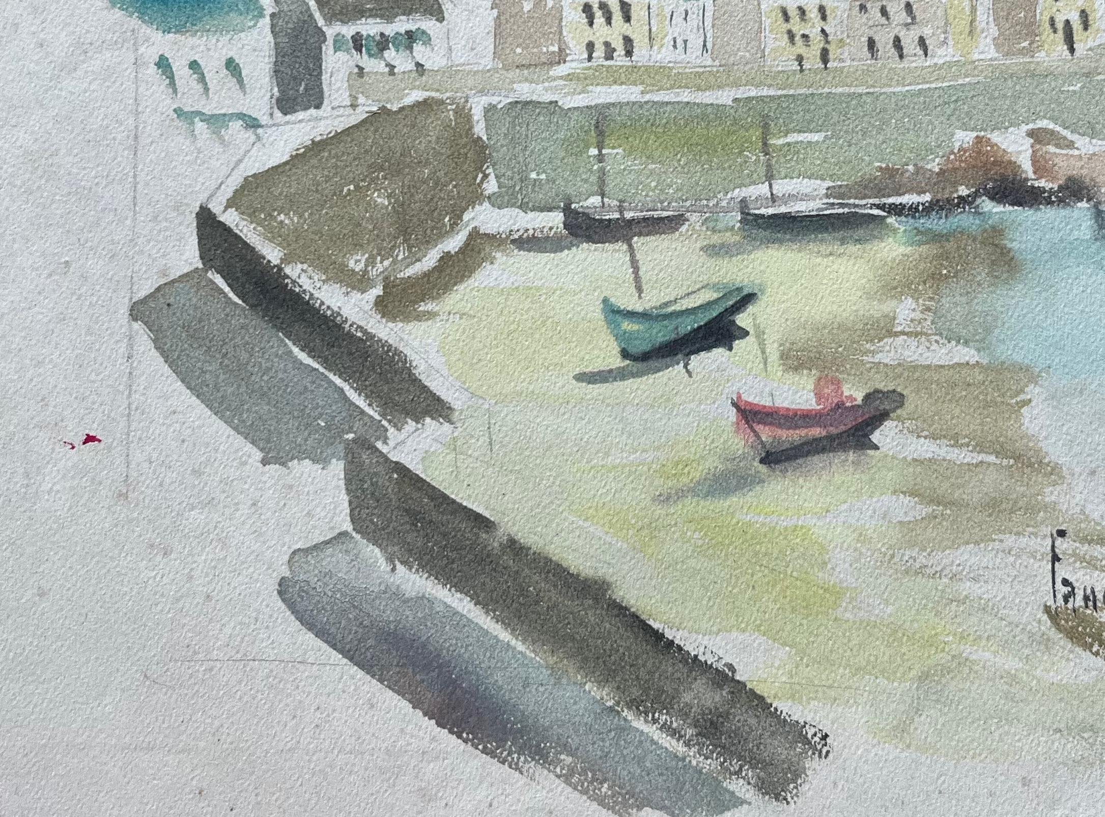 Titolo: Acquerello costiero francese con faro e barche da pesca e cielo con sfumature rosa
da Fanch Lel
Firmato: Yes One
Dimensioni: 9,25 pollici (altezza) x 11,75 pollici (larghezza)
Acquerello su carta, senza cornice
Condit: Il dipinto è in buone