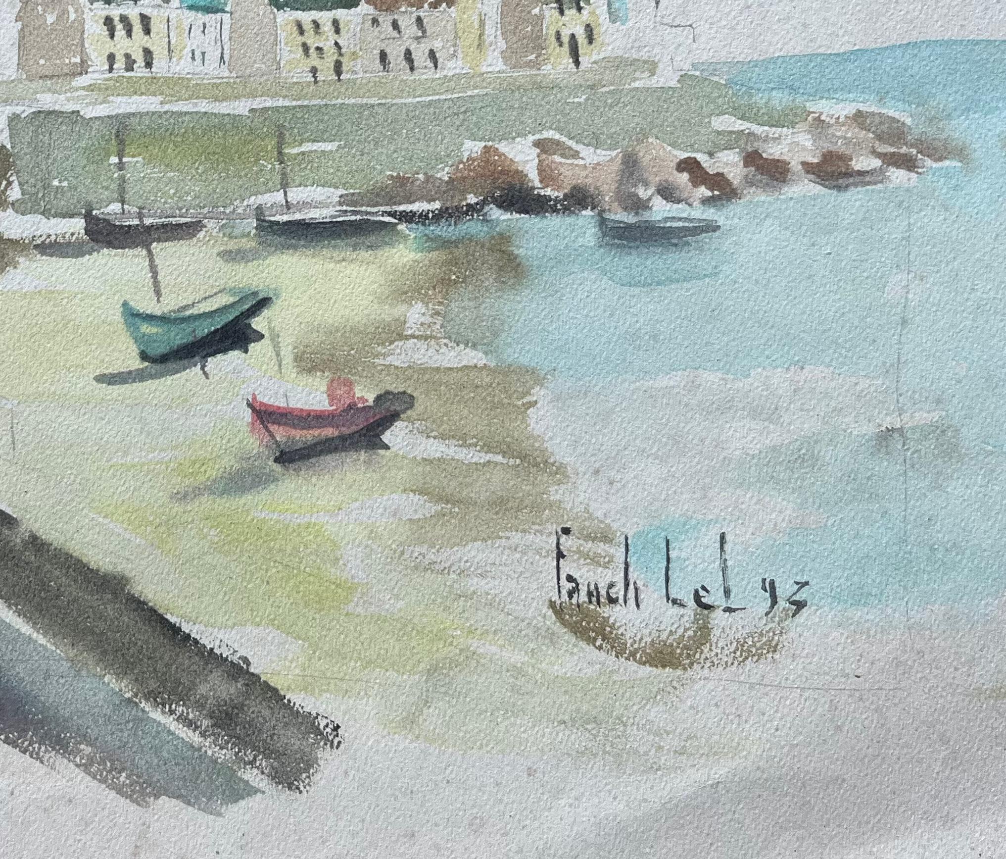 Acquerello costiero francese con faro e barche da pesca e cielo con sfumature rosa in vendita 1
