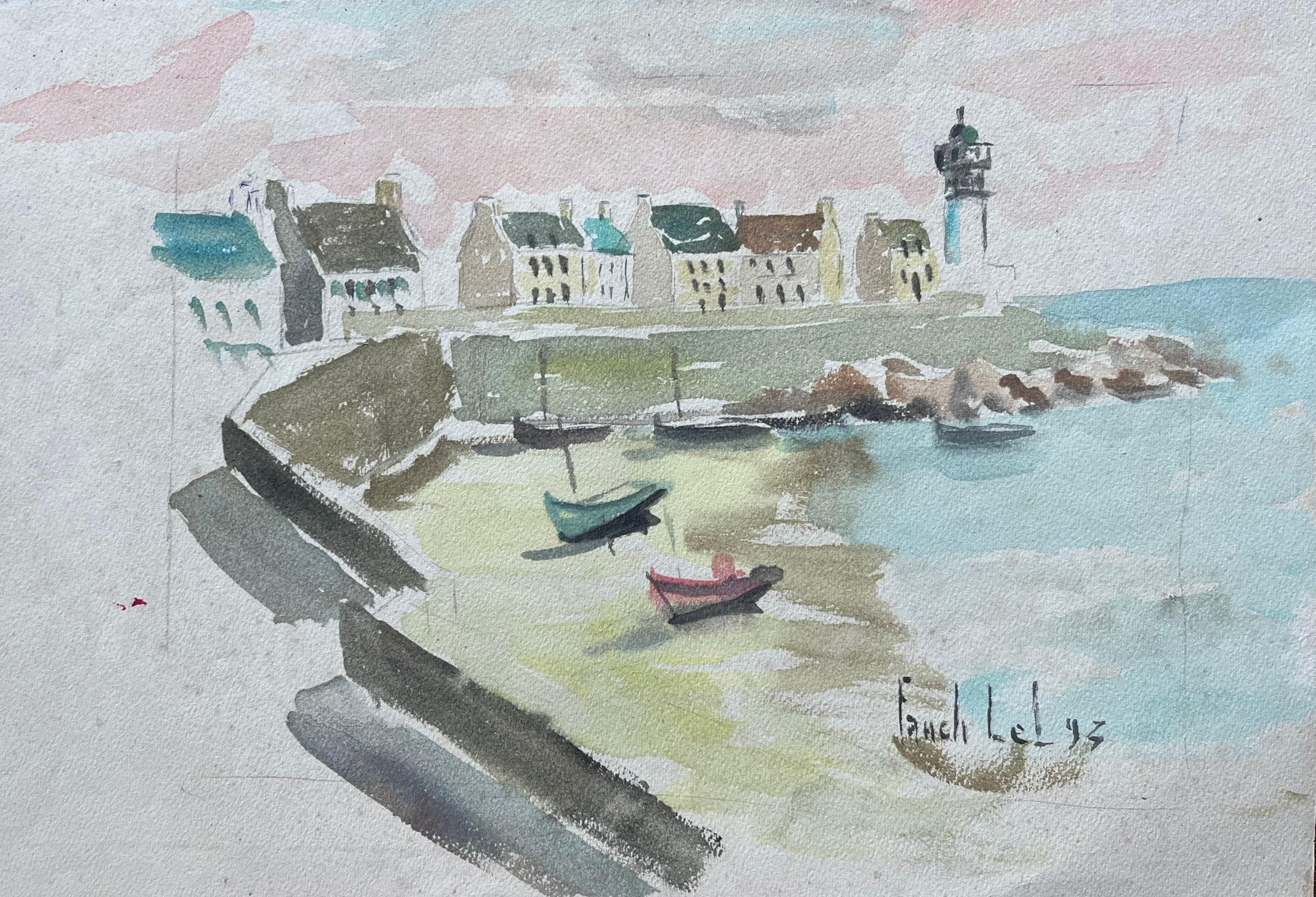 Landscape Painting di Fanch Lel - Acquerello costiero francese con faro e barche da pesca e cielo con sfumature rosa