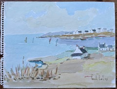 Acuarela costera francesa de casitas marineras y veleros