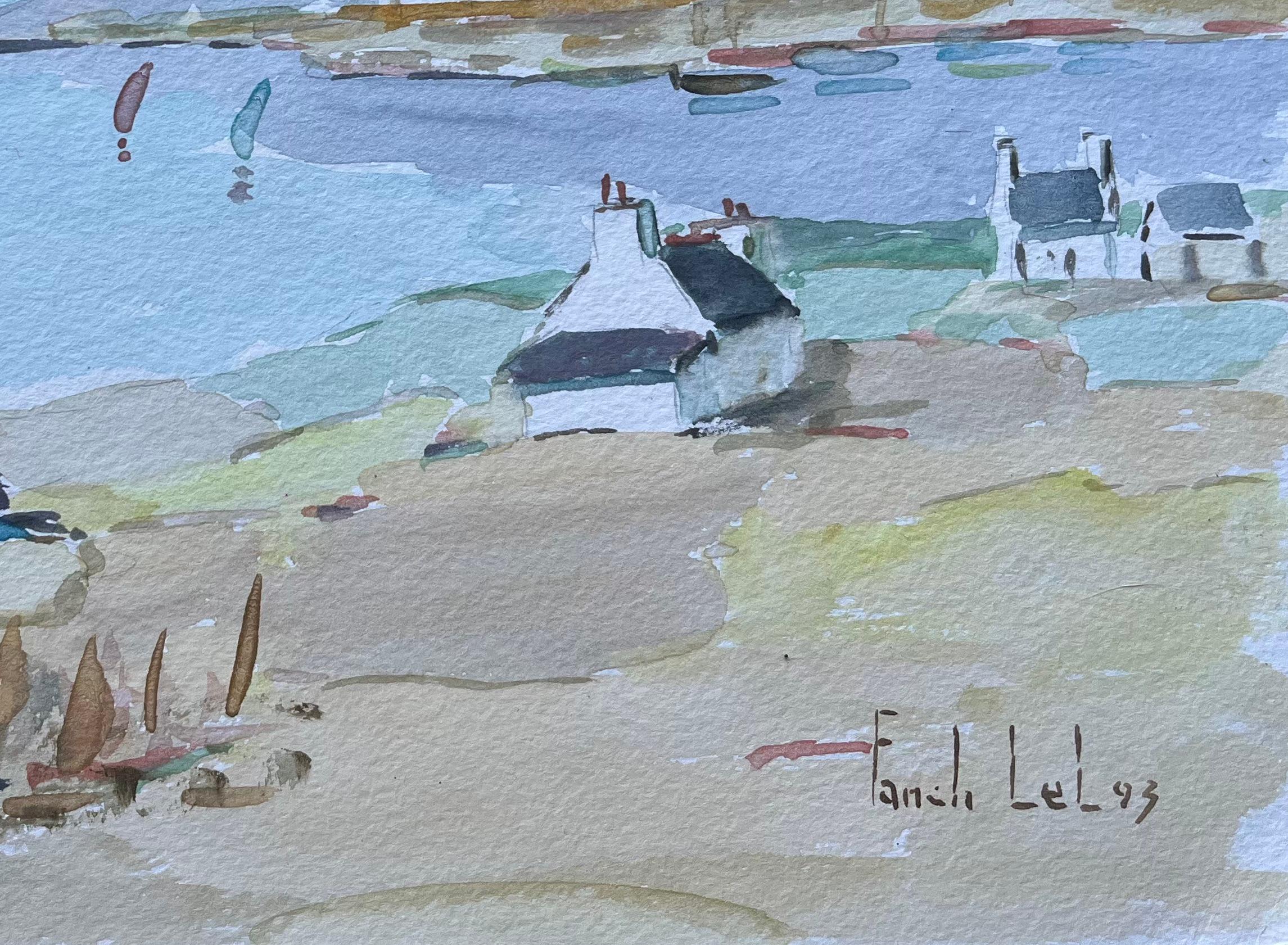 Acuarela costera francesa de casitas marineras y veleros - Painting Impresionista de Fanch Lel