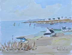 French Coastal Watercolour of Seaside Cottages and Sailboats