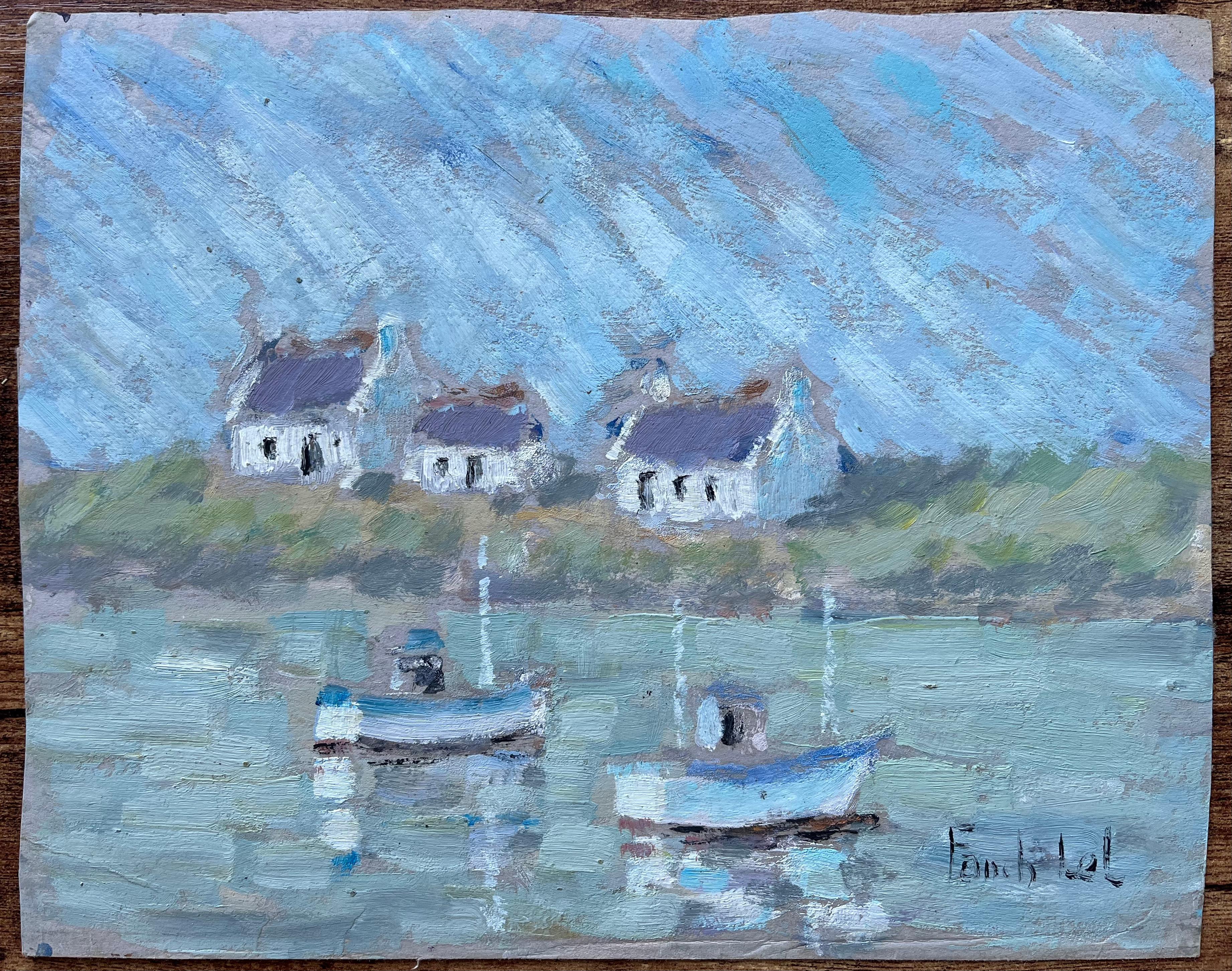 French Cottages and Fishing Boats Reflected in Water Coastal Painting - Blue Figurative Painting by Fanch Lel