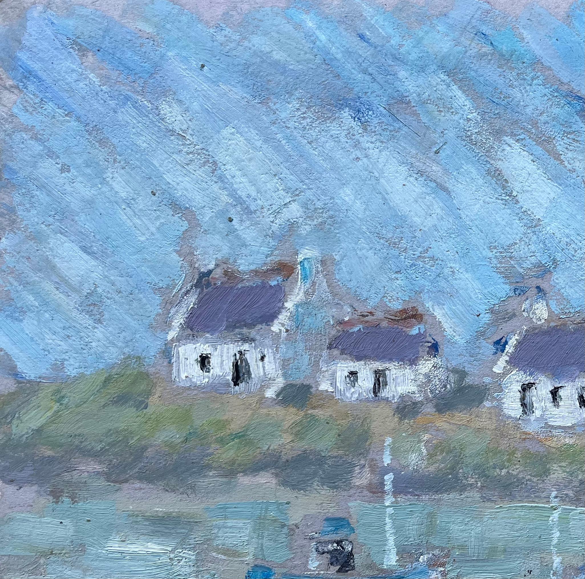 Title: French Cottages and Fishing Boats Reflected in Water Coastal Painting
by Fanch Lel (French b. 1930)
Signed: Yes
Size: 8.75 inches (height) x 11.25 inches (width)
Oil painting on card, unframed
Condition: The painting is in good condition,