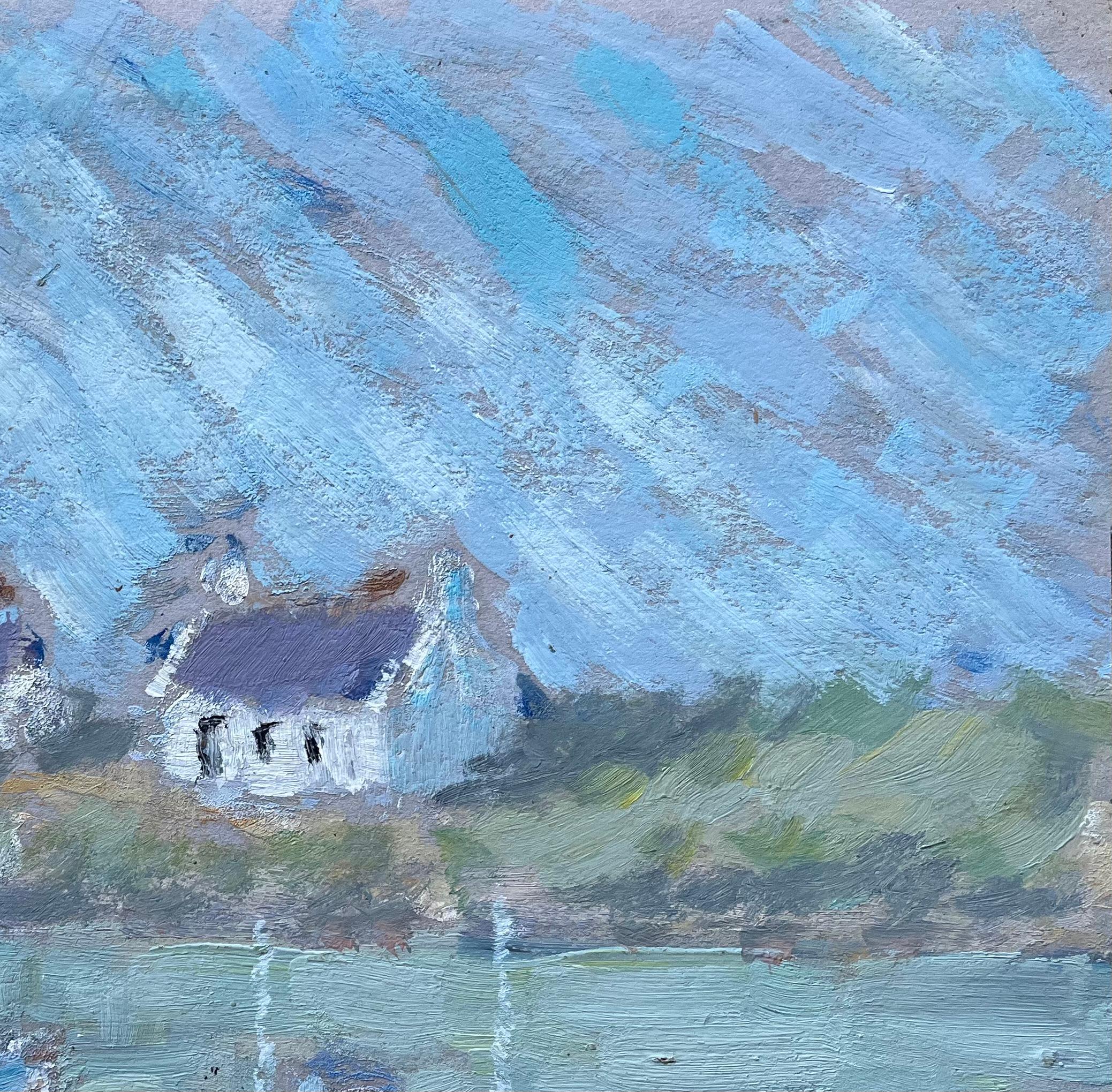 French Cottages and Fishing Boats Reflected in Water Coastal Painting For Sale 1