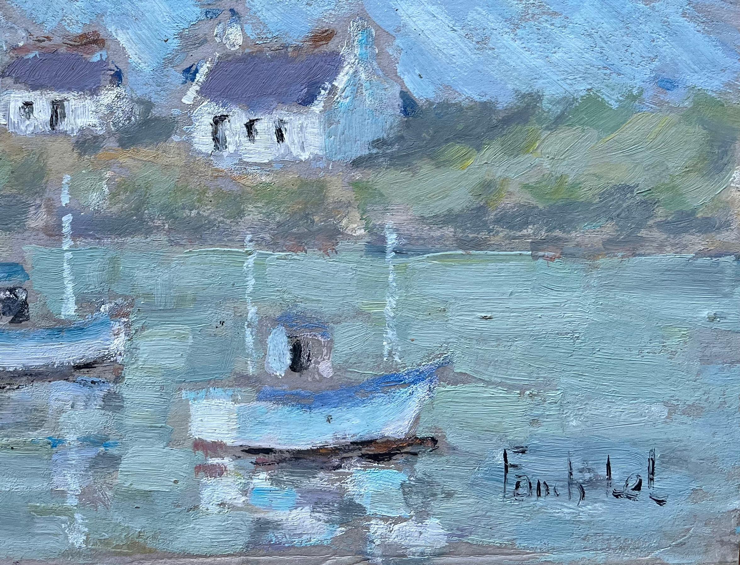 French Cottages and Fishing Boats Reflected in Water Coastal Painting For Sale 2