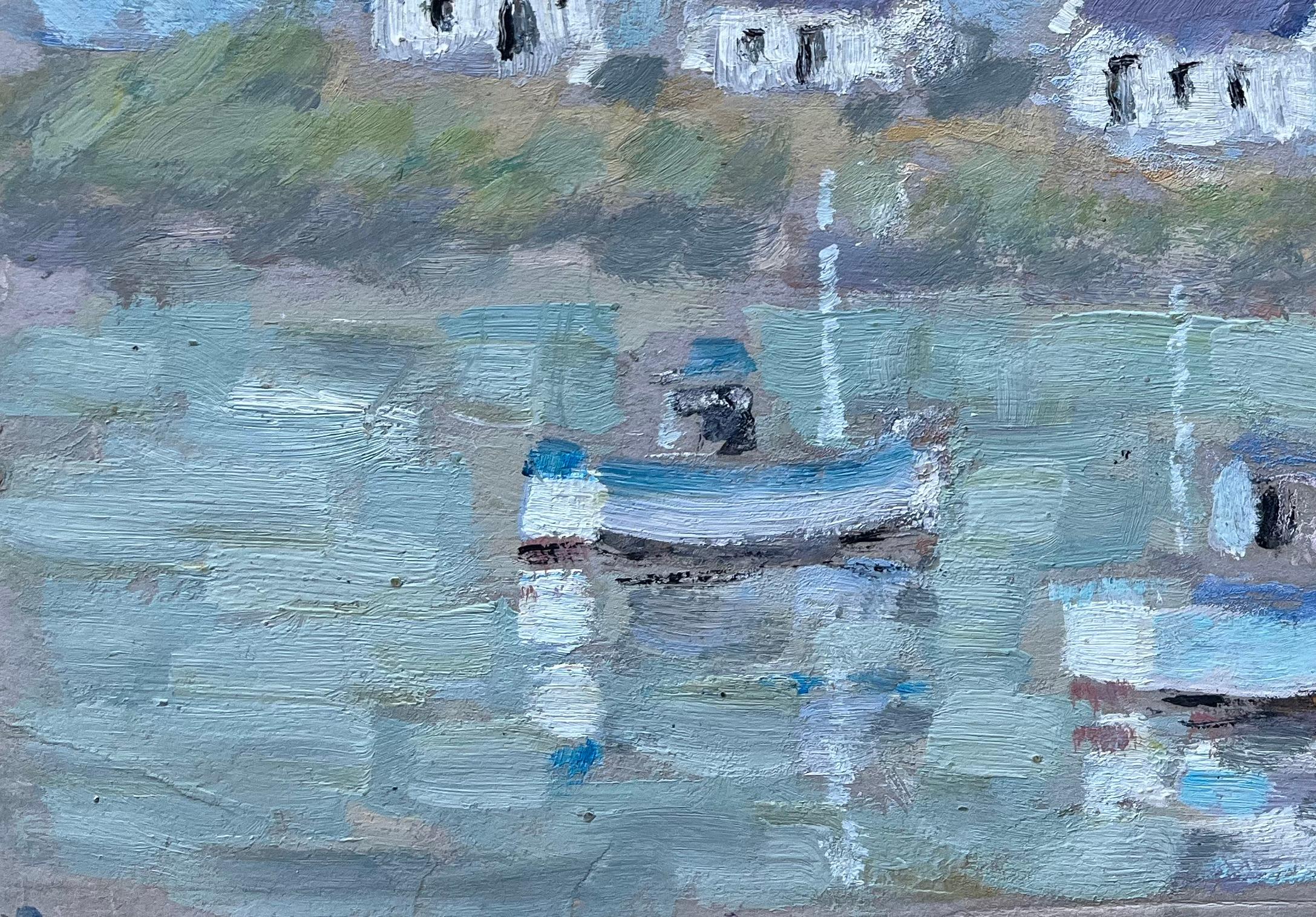 French Cottages and Fishing Boats Reflected in Water Coastal Painting For Sale 3