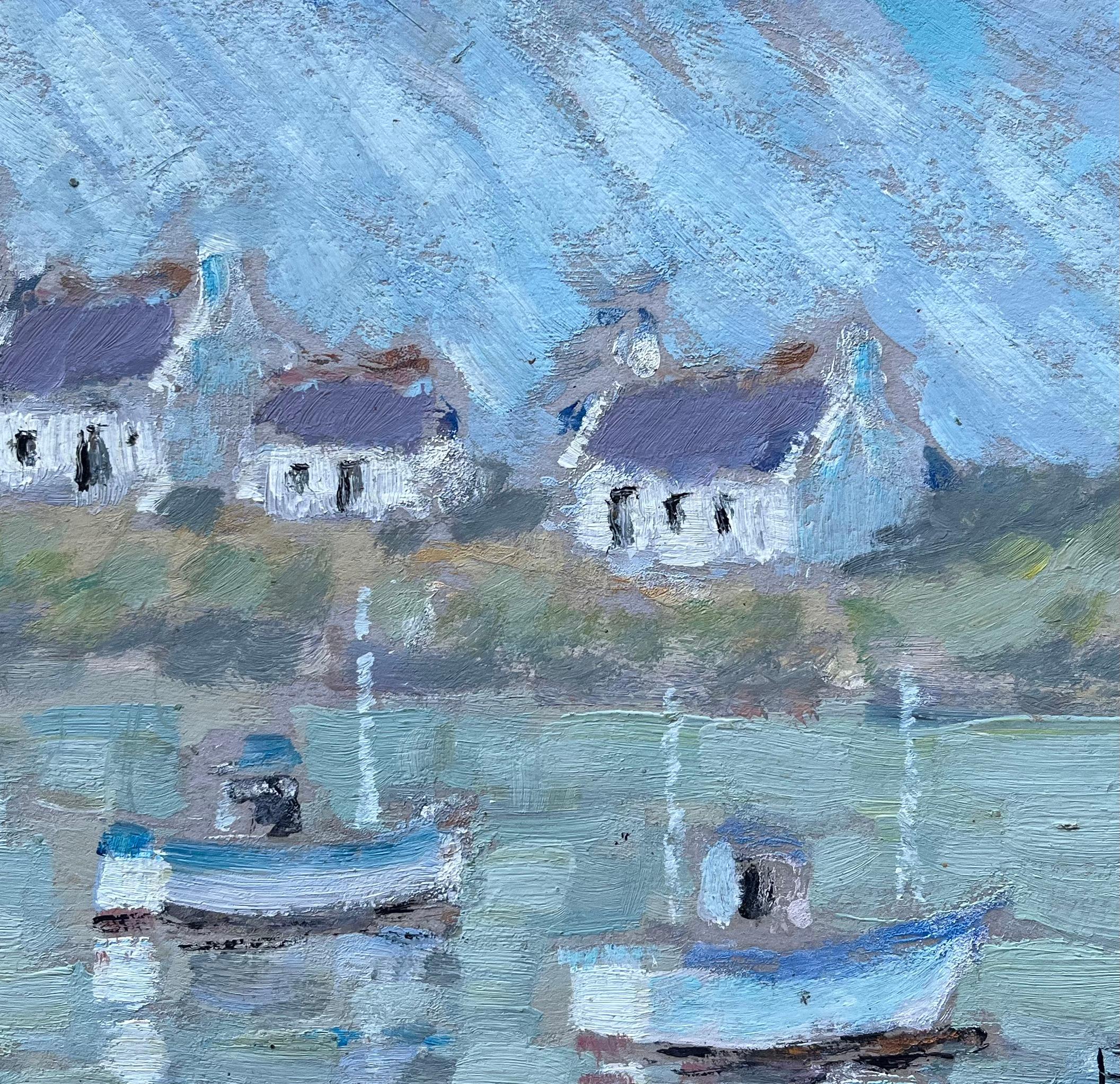 French Cottages and Fishing Boats Reflected in Water Coastal Painting For Sale 4