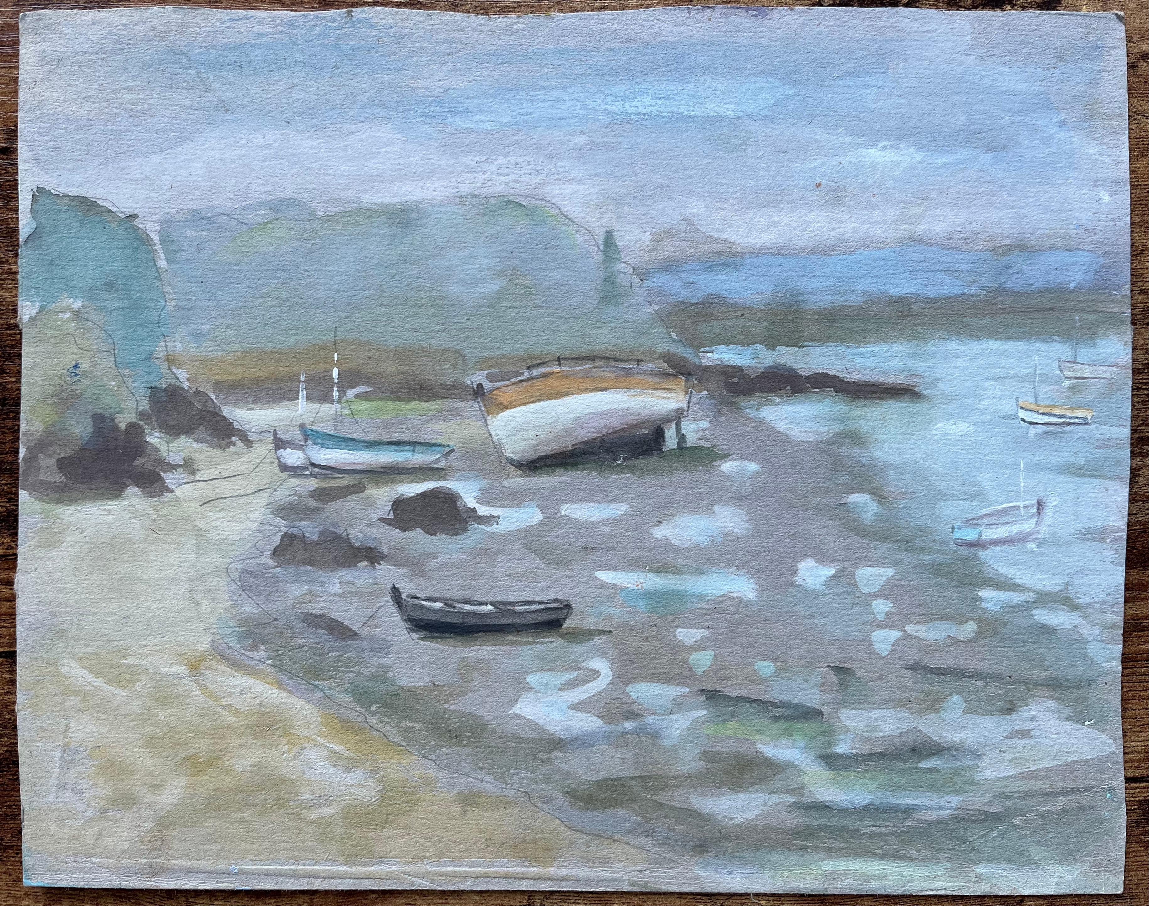 French Cottages and Fishing Boats Reflected in Water Coastal Painting For Sale 5