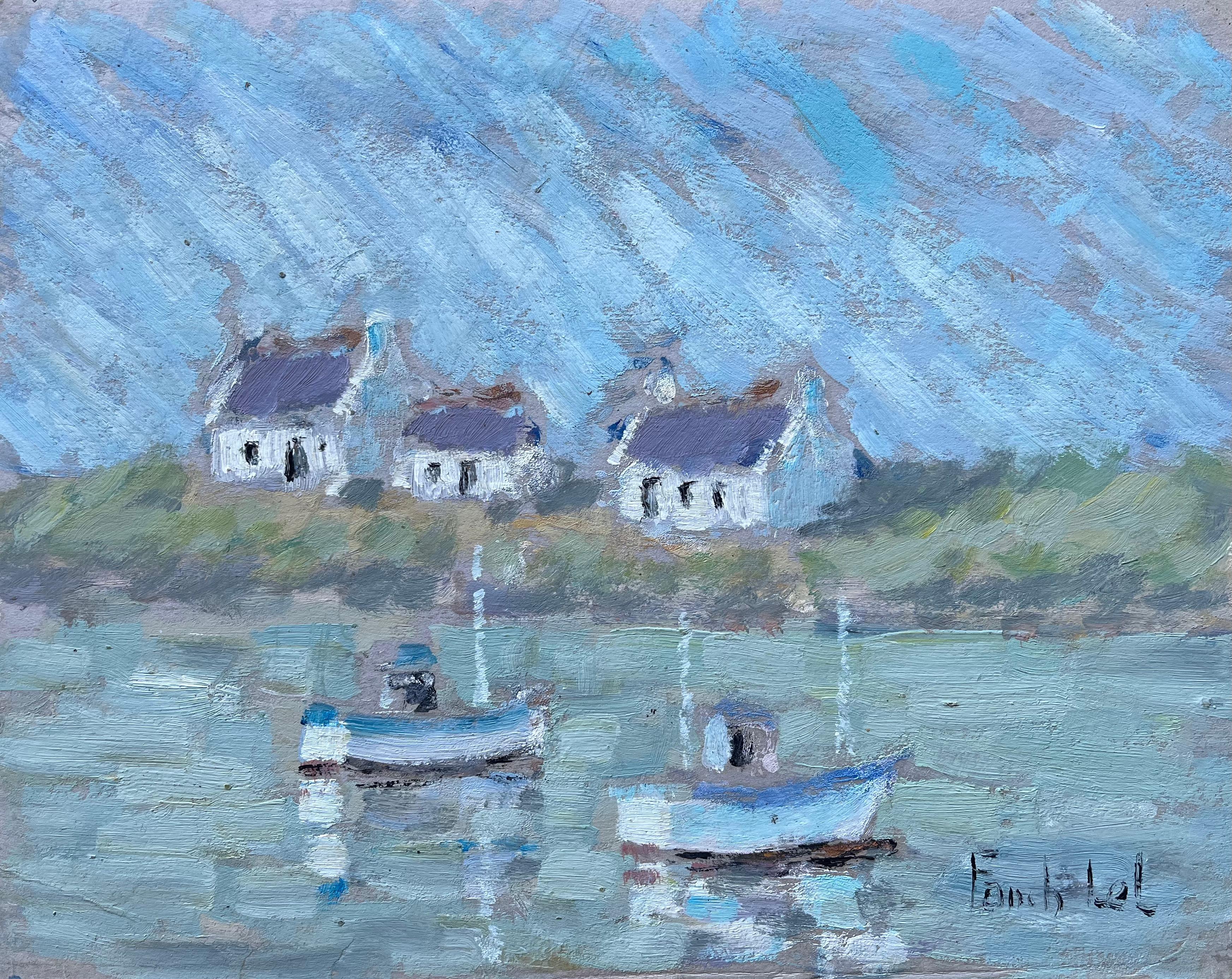 Fanch Lel Figurative Painting - French Cottages and Fishing Boats Reflected in Water Coastal Painting