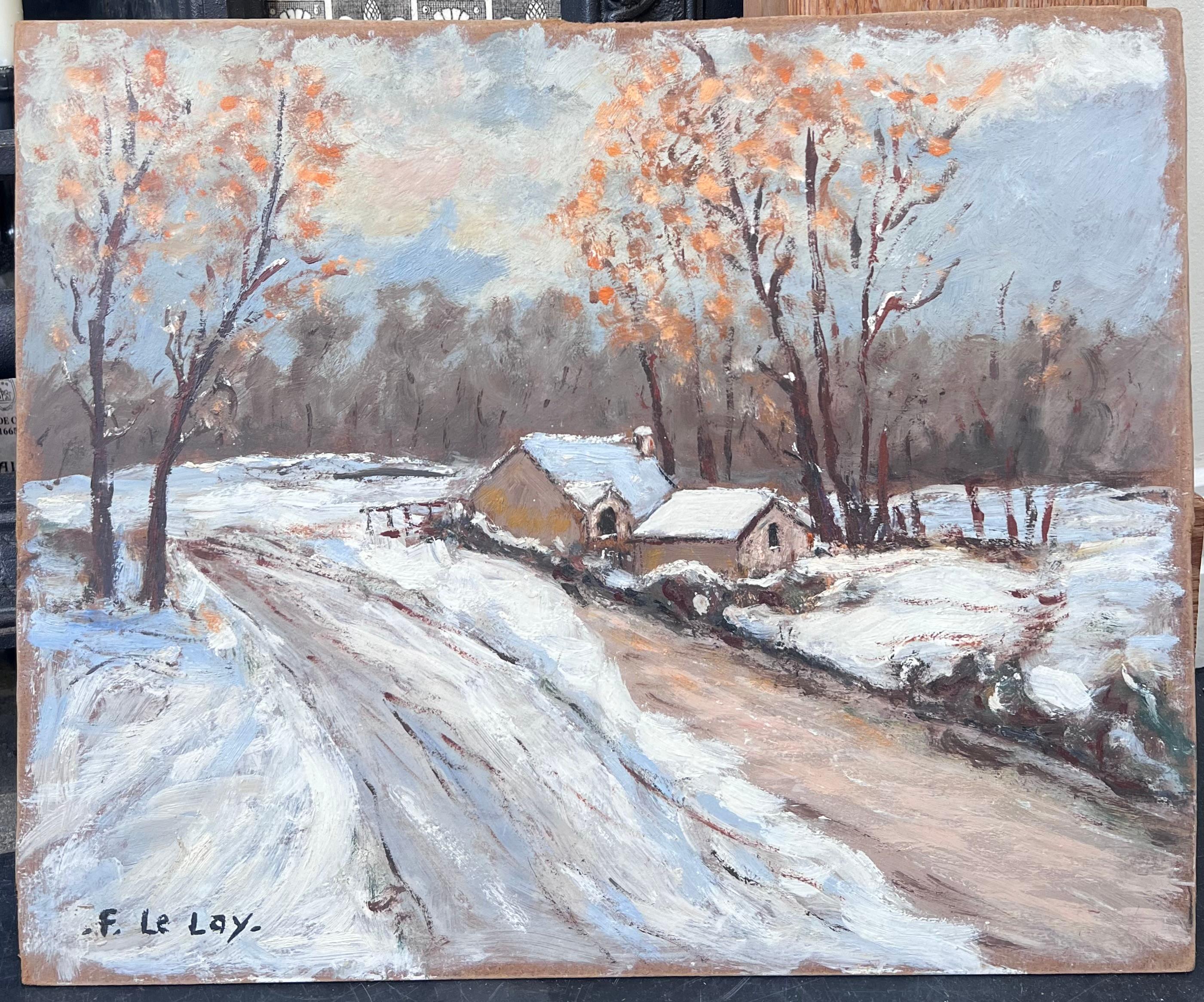 Cottage in Francia sepolti nella neve  Pittura ad olio sui binari del villaggio - Painting di Fanch Lel
