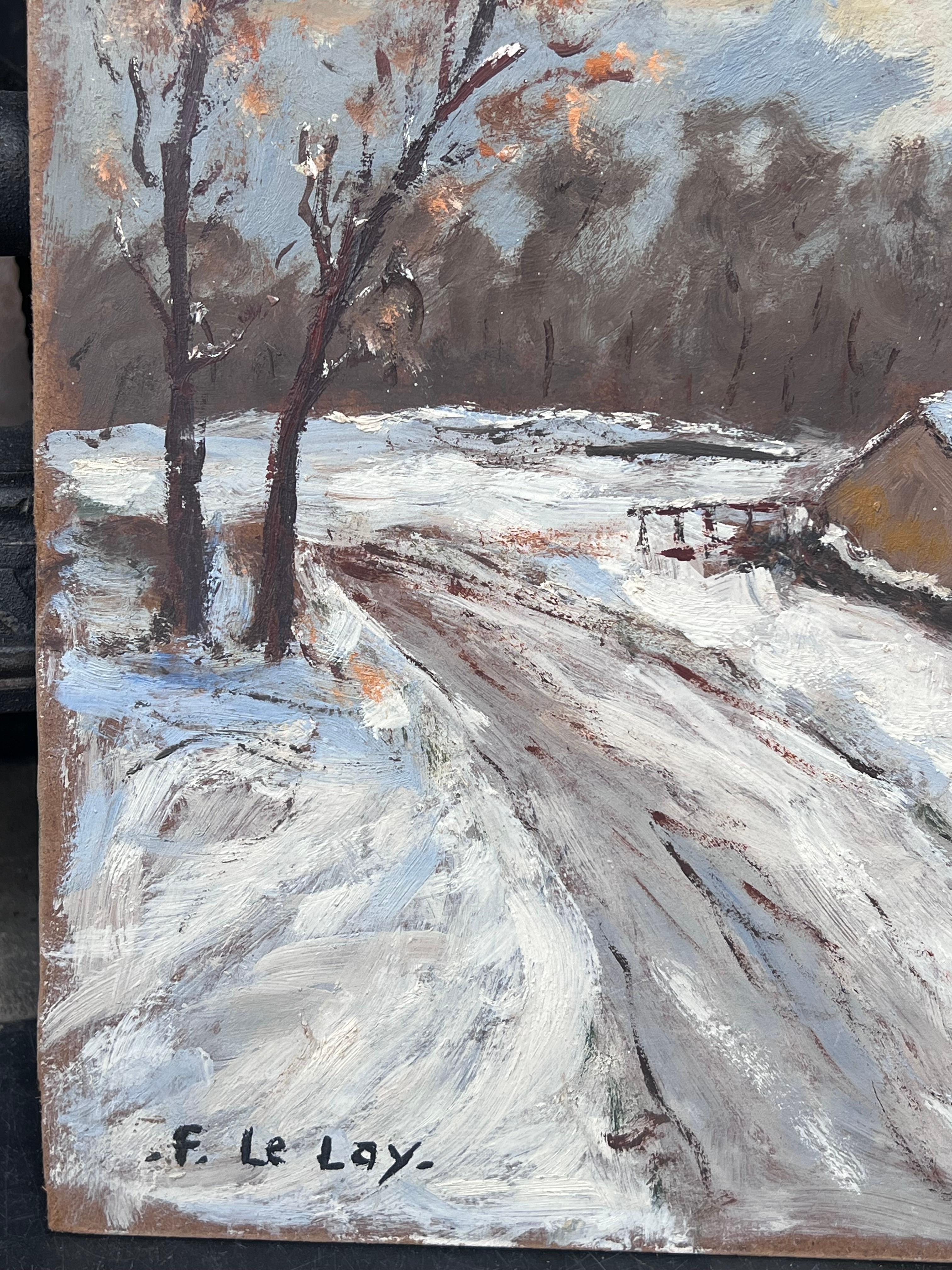 Cottage in Francia sepolti nella neve  Pittura ad olio sui binari del villaggio - Painting Impressionismo di Fanch Lel