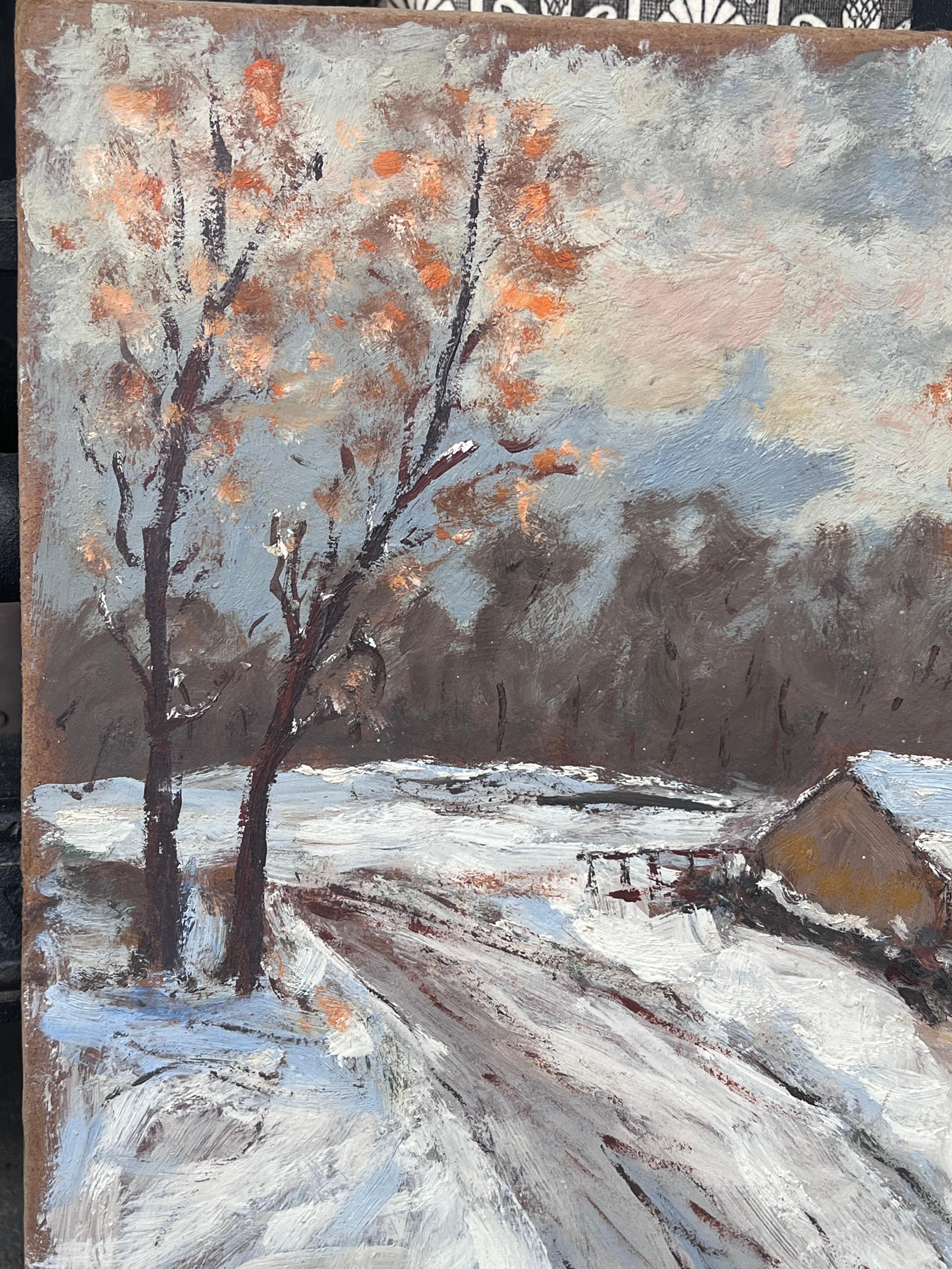 Cottage in Francia sepolti nella neve  Pittura ad olio sui binari del villaggio - Landscape Painting Grigio di Fanch Lel