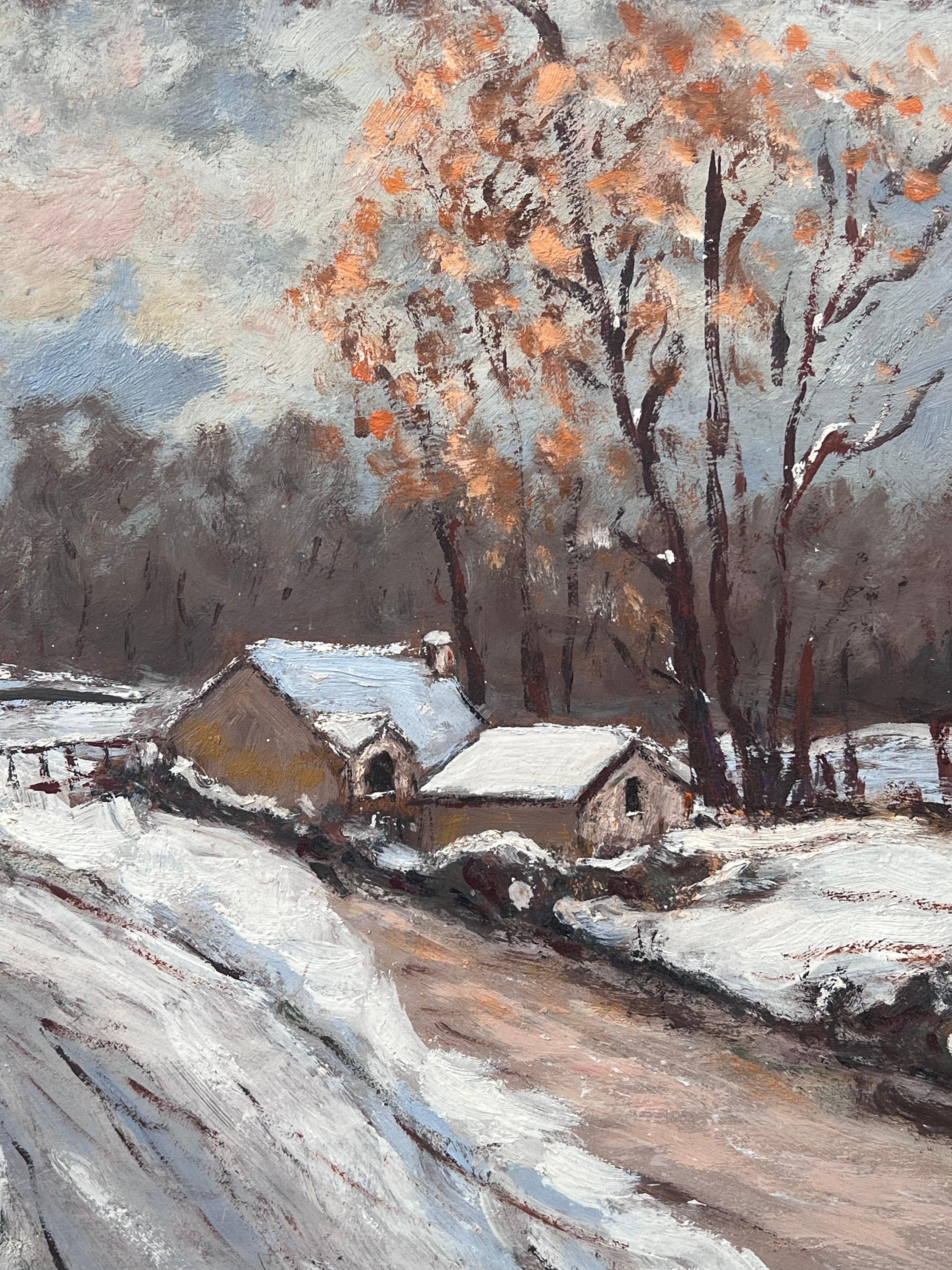 Tracce coperte di neve
Firmato da Fanch Lel
Dimensioni: 13 x 16 pollici (altezza x larghezza)
Pittura a olio su tavola, senza cornice
Condit: Buone condizioni generali, con lievi segni di manipolazione della superficie e una leggera usura dei bordi,