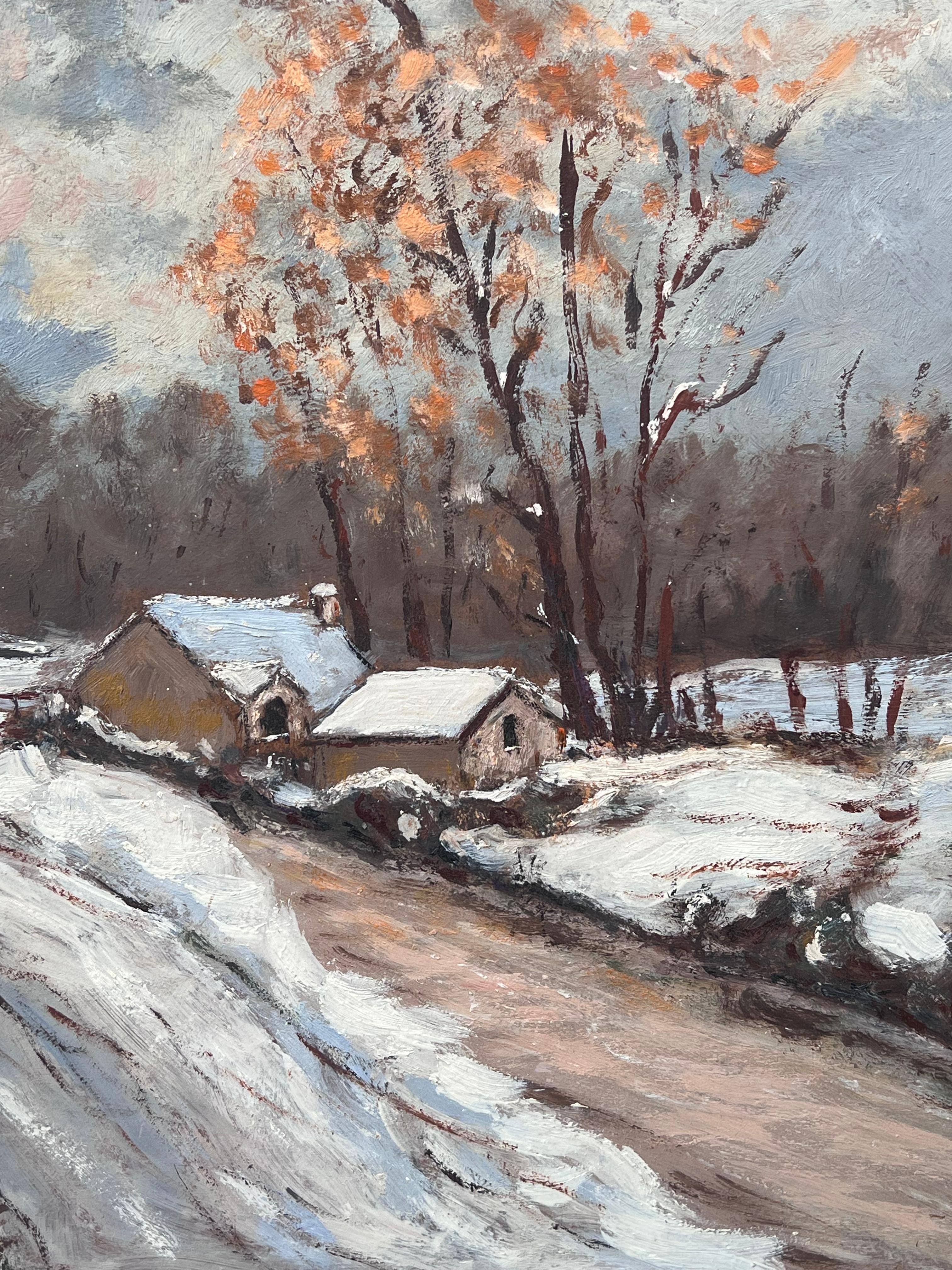 Cottage in Francia sepolti nella neve  Pittura ad olio sui binari del villaggio in vendita 1