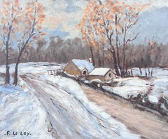 Cottage in Francia sepolti nella neve  Pittura ad olio sui binari del villaggio
