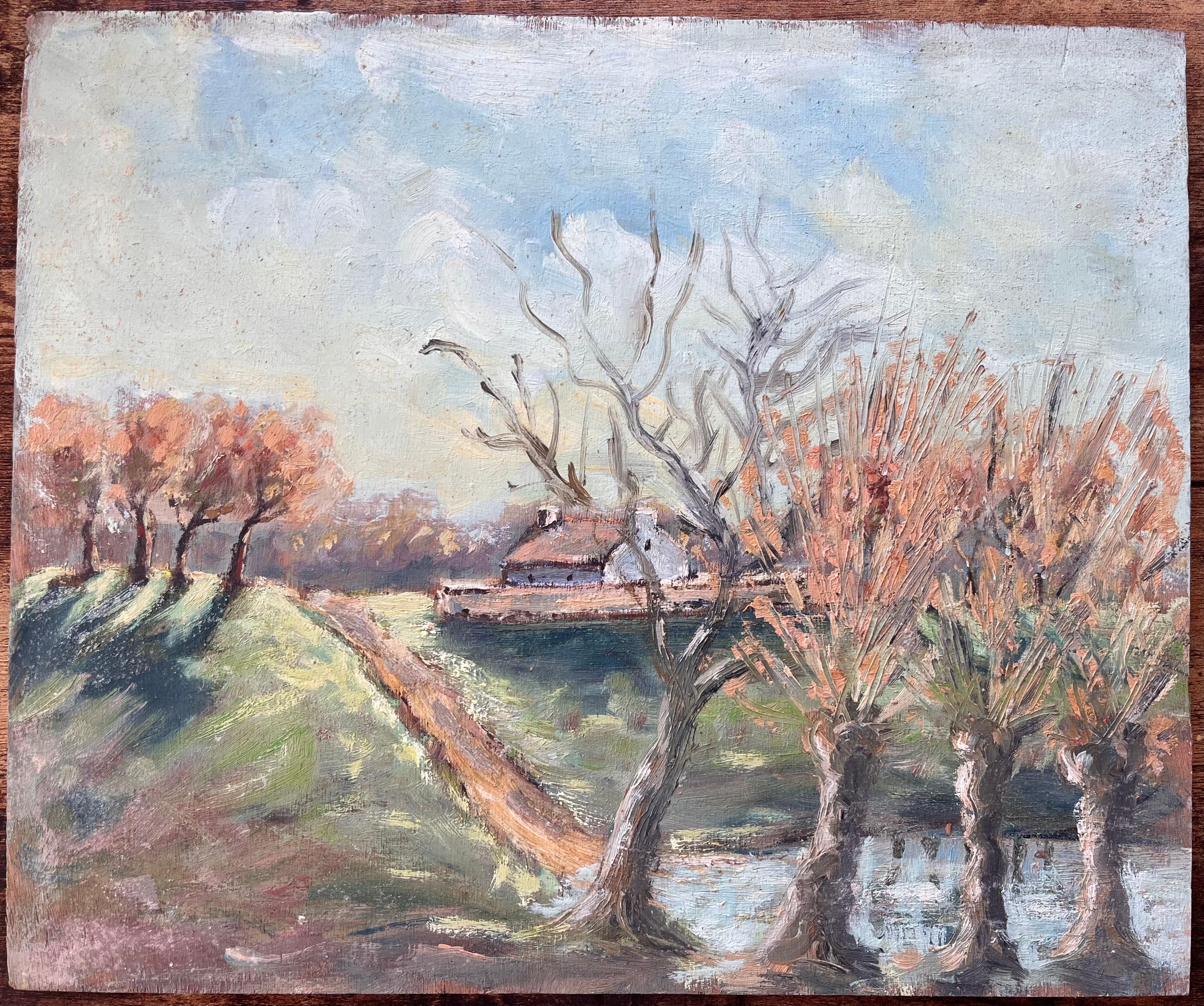 French Countryside Landscape Oil of Farmhouse Path and Pollarded Trees by River - Painting by Fanch Lel